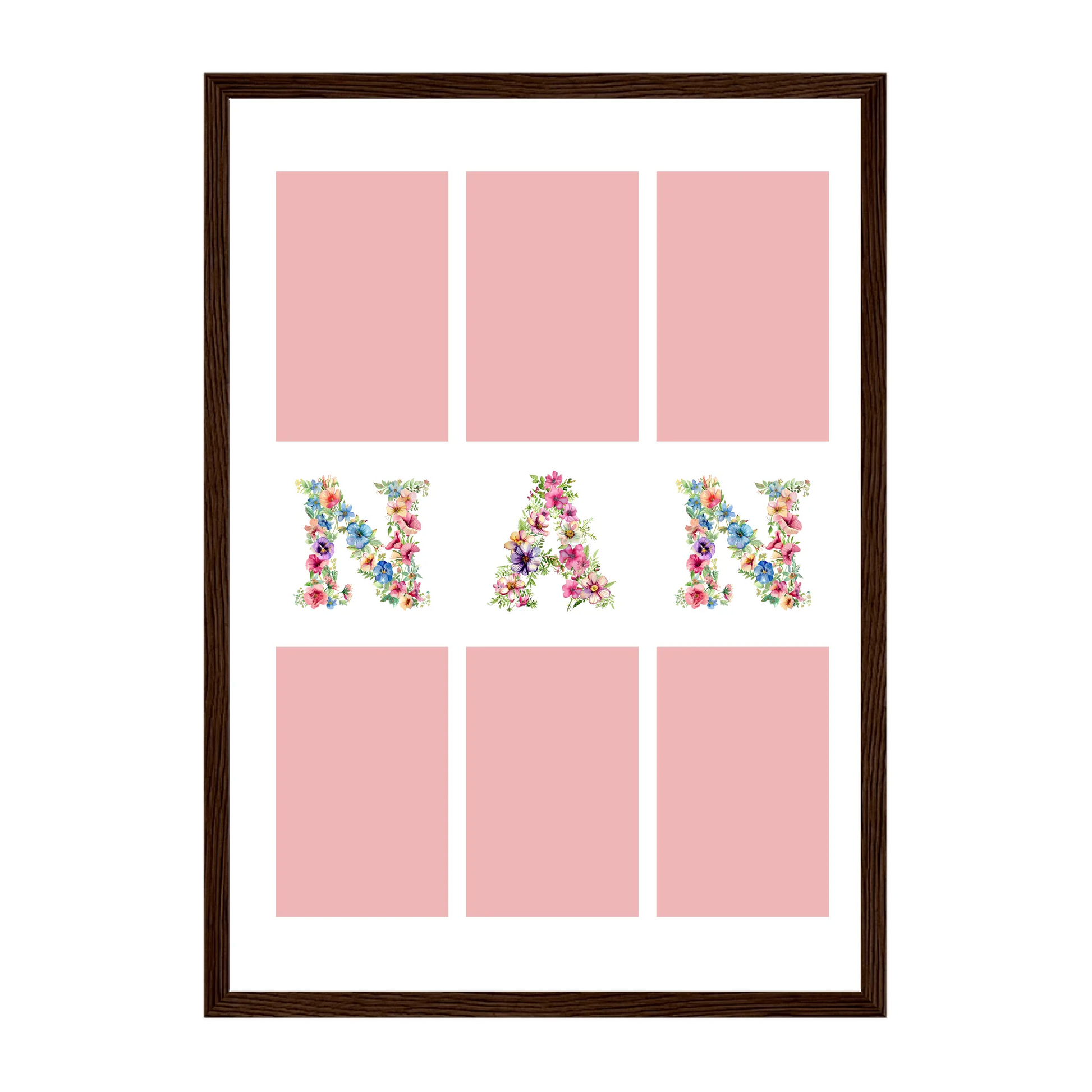 Personalised 6-photo collage framed print with 'Gran' or 'Nan' in vibrant floral text. Dark brown wooden frame.