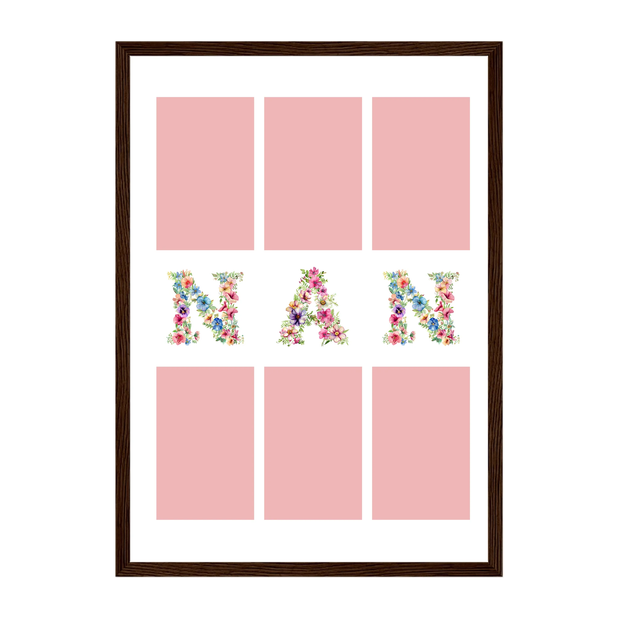 Personalised 6-photo collage framed print with 'Gran' or 'Nan' in vibrant floral text. Dark brown wooden frame.
