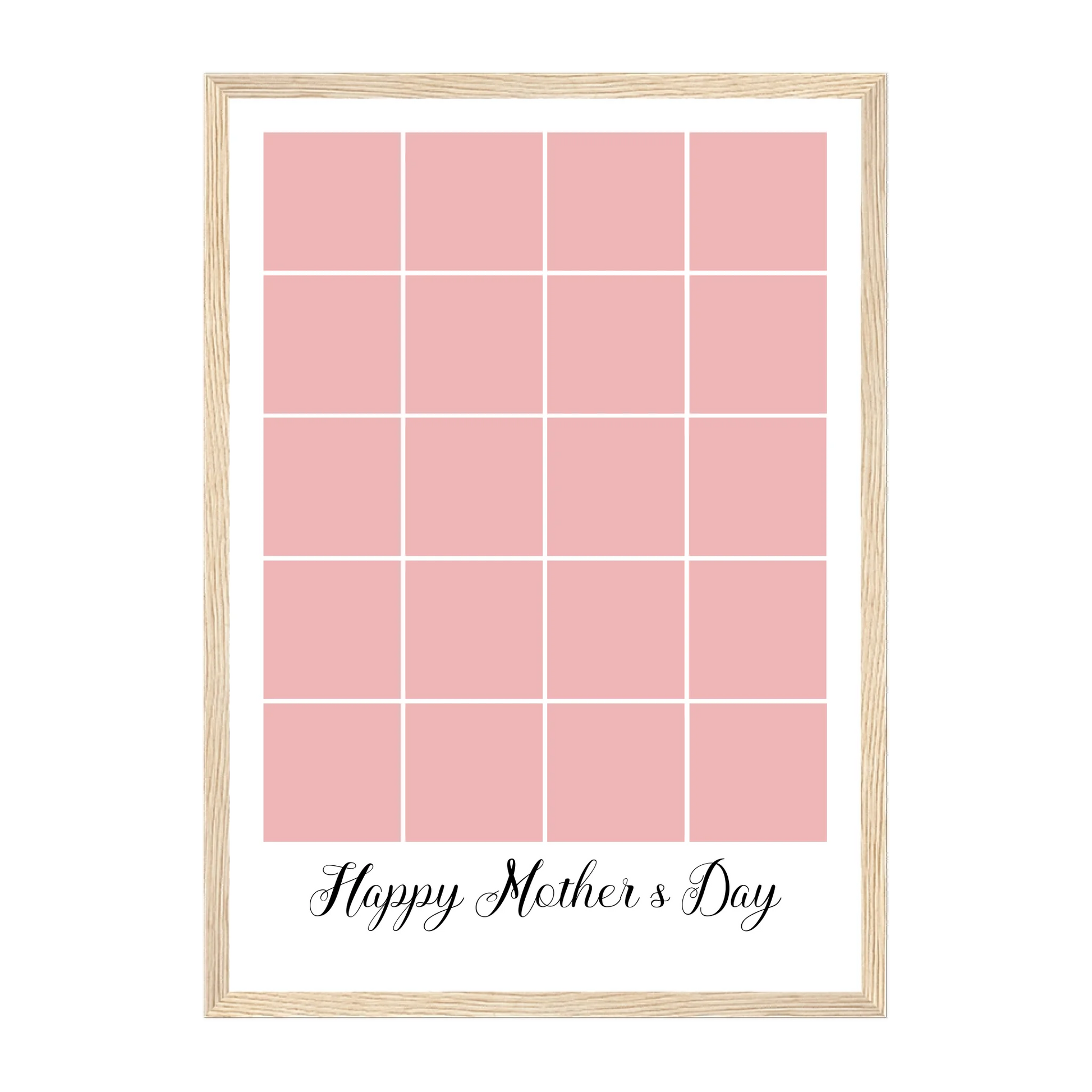 Personalised Happy Mother's Day framed print with a 20-photo collage. Customisable with uploaded photos. Presented in a natural wooden frame.