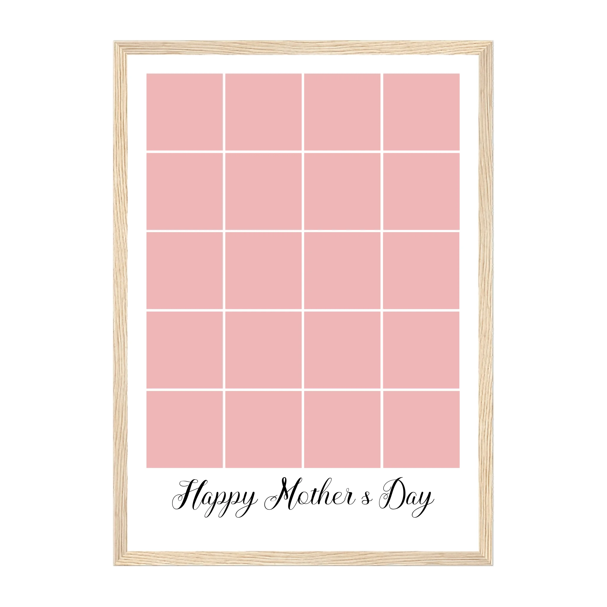 Personalised Happy Mother's Day framed print with a 20-photo collage. Customisable with uploaded photos. Presented in a natural wooden frame.