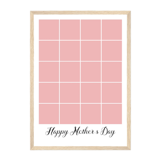 Personalised Happy Mother's Day framed print with a 20-photo collage. Customisable with uploaded photos. Presented in a natural wooden frame.