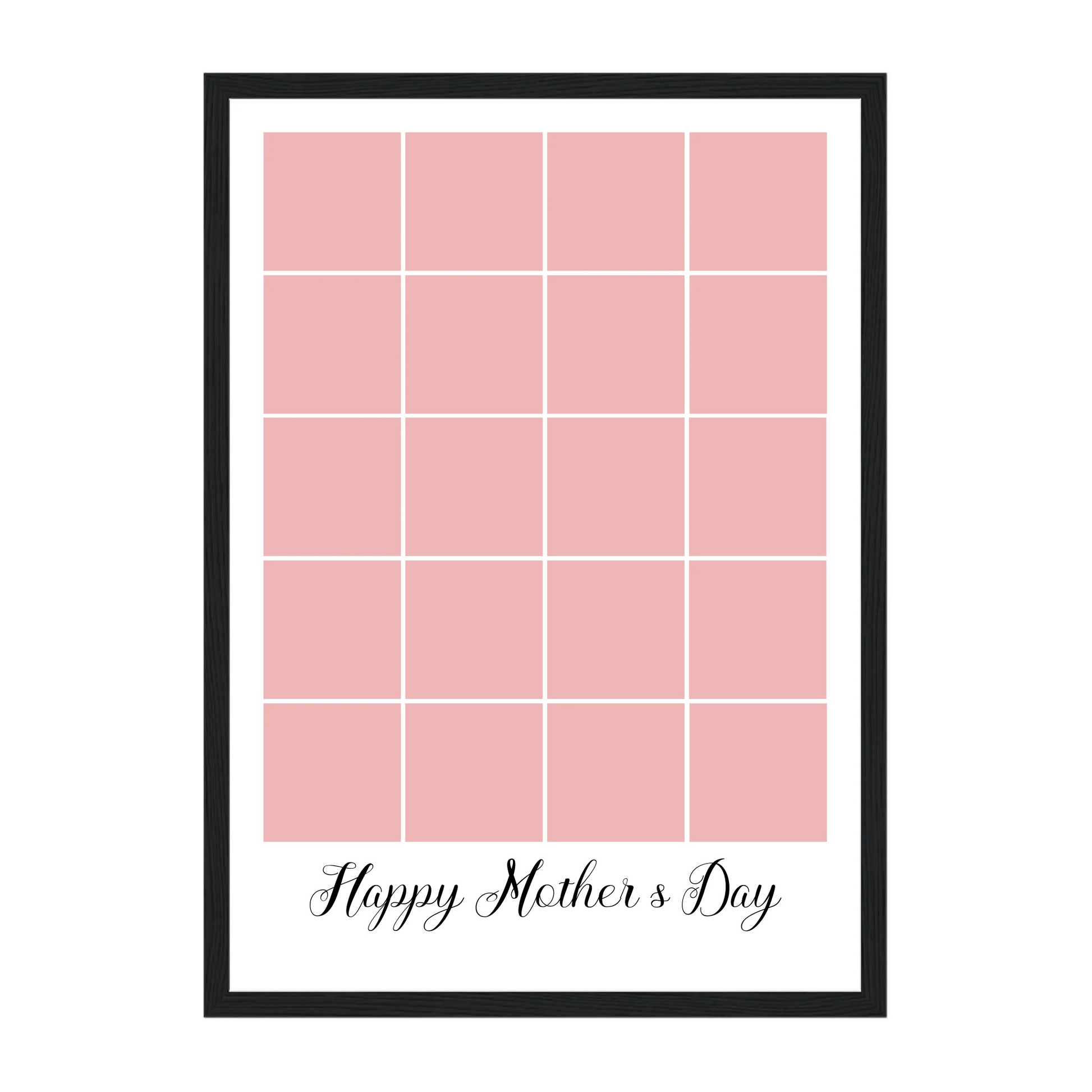 Personalised Happy Mother's Day framed print with a 20-photo collage. Customisable with uploaded photos. Presented in a black wooden frame.