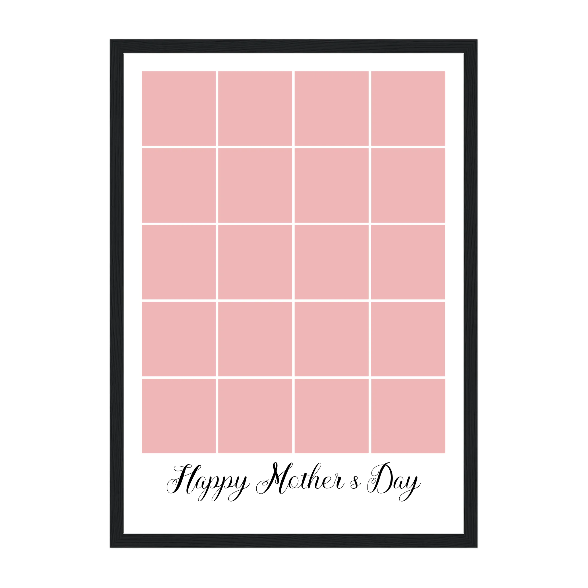 Personalised Happy Mother's Day framed print with a 20-photo collage. Customisable with uploaded photos. Presented in a black wooden frame.