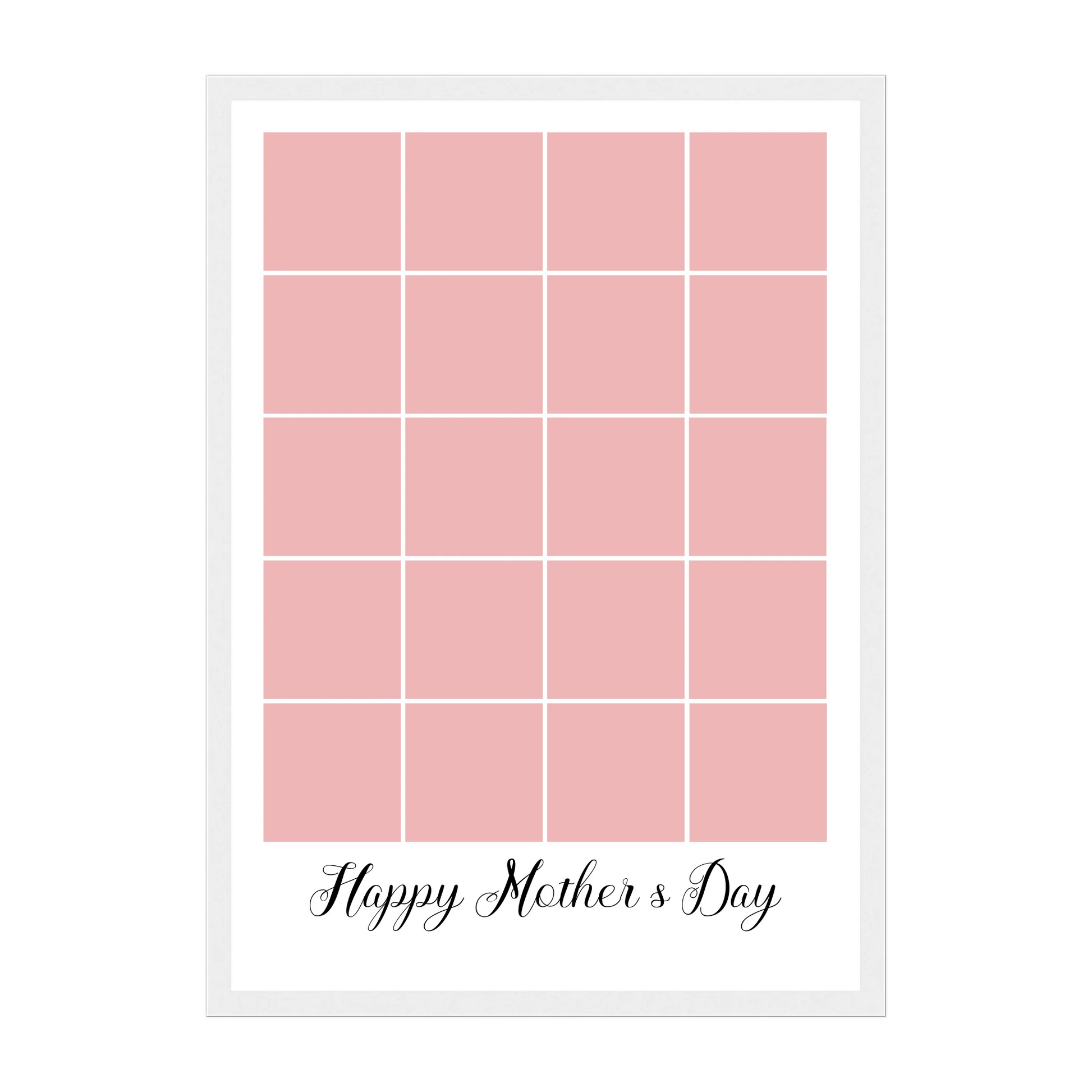 Personalised Happy Mother's Day framed print with a 20-photo collage. Customisable with uploaded photos. Presented in a white wooden frame.