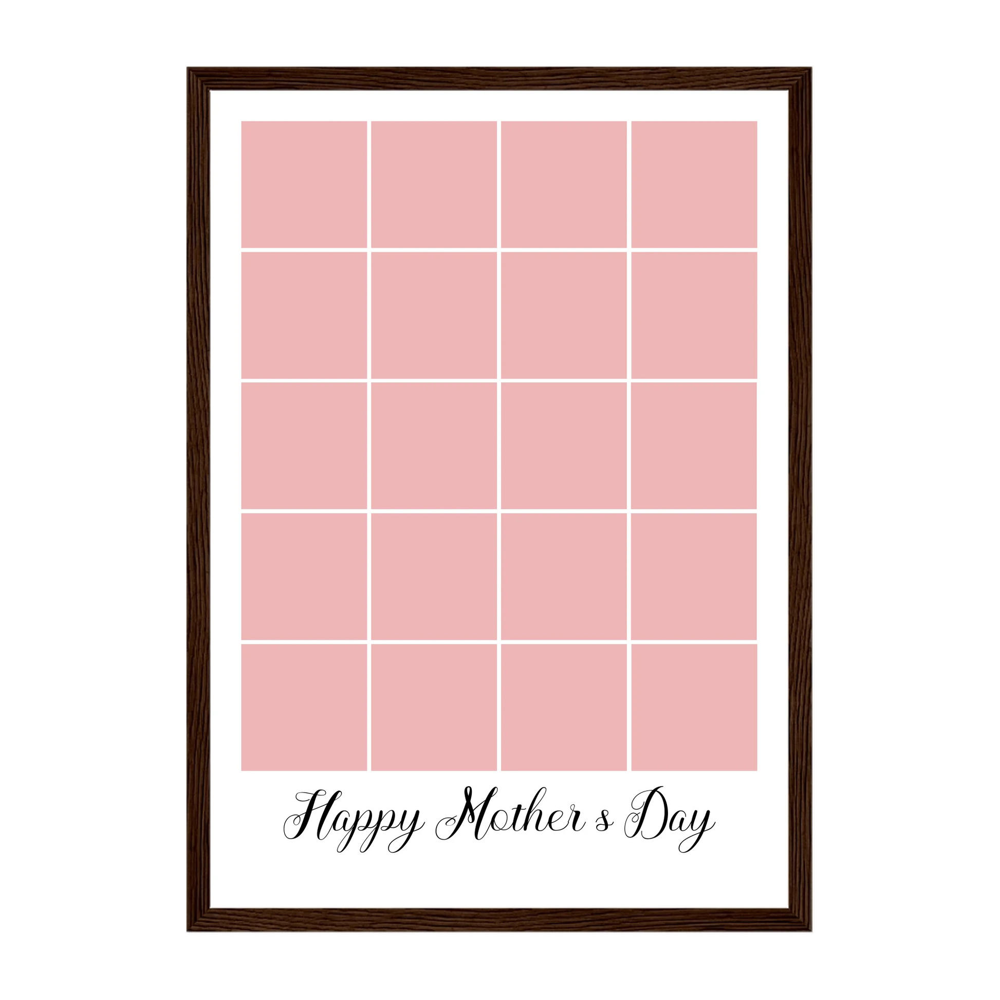 Personalised Happy Mother's Day framed print with a 20-photo collage. Customisable with uploaded photos. Presented in a dark brown wooden frame.