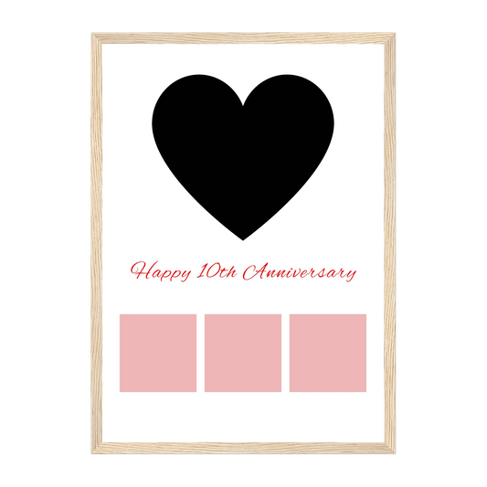 Framed Happy Anniversary print featuring a heart-shaped main photo, three smaller photos, and a personalised anniversary number (e.g., 25th). Natural wooden frame.