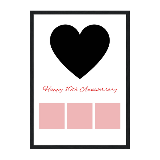 Framed Happy Anniversary print featuring a heart-shaped main photo, three smaller photos, and a personalised anniversary number (e.g., 25th). Black wooden frame.