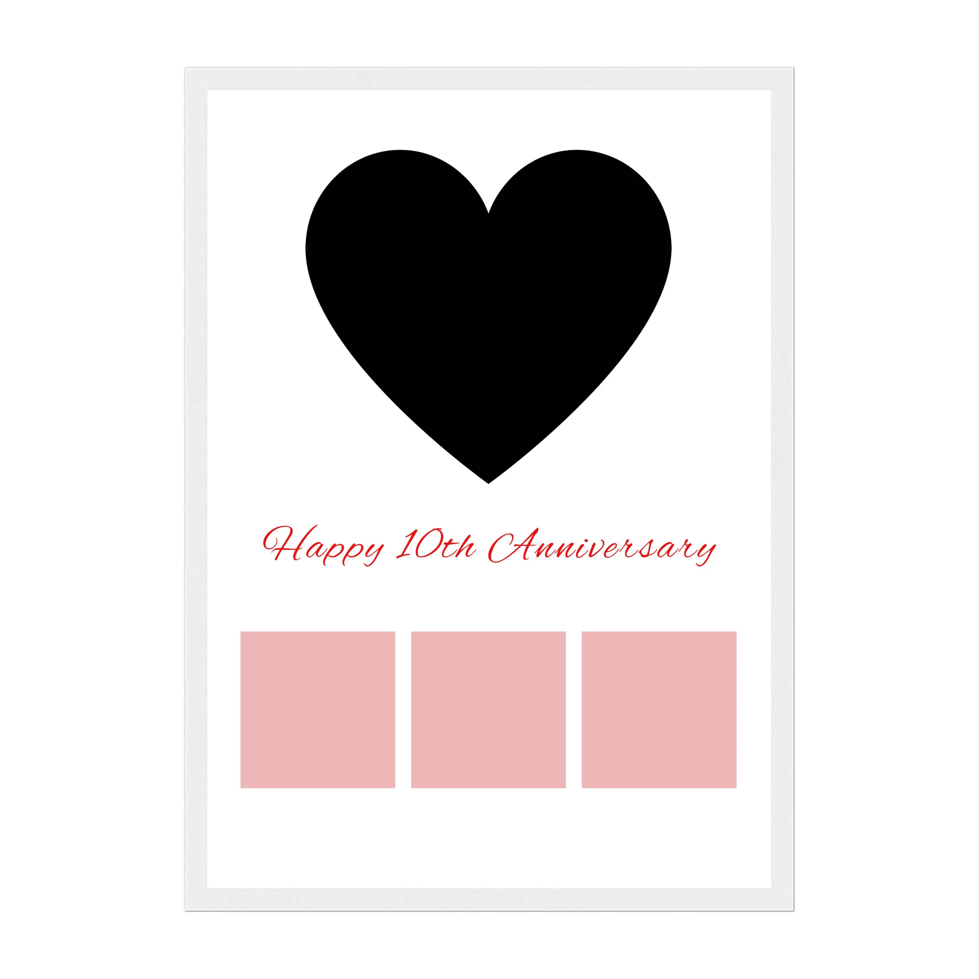 Framed Happy Anniversary print featuring a heart-shaped main photo, three smaller photos, and a personalised anniversary number (e.g., 25th). White wooden frame.
