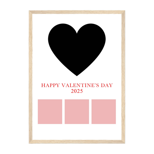 Framed Happy Valentine’s Day poster with a heart-shaped main photo, three smaller photos below, and a custom year (e.g., 2024). Natural wooden frame.
