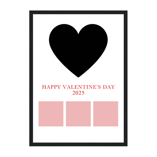 Framed Happy Valentine’s Day poster with a heart-shaped main photo, three smaller photos below, and a custom year (e.g., 2024). Black wooden frame.