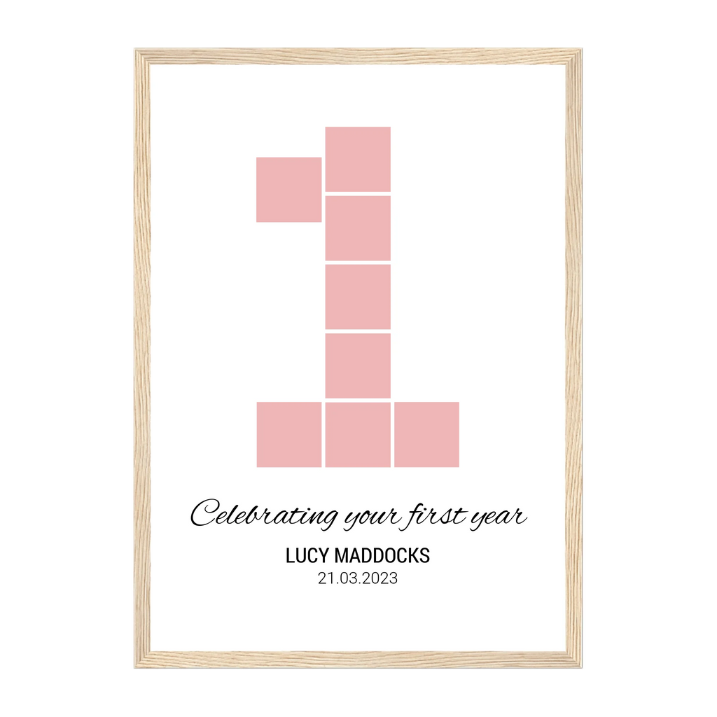 'Celebrating your 1st Year' photo collage poster with 8 photos arranged in a ‘1’ shape. Personalised with name and birth date. Natural wooden frame.