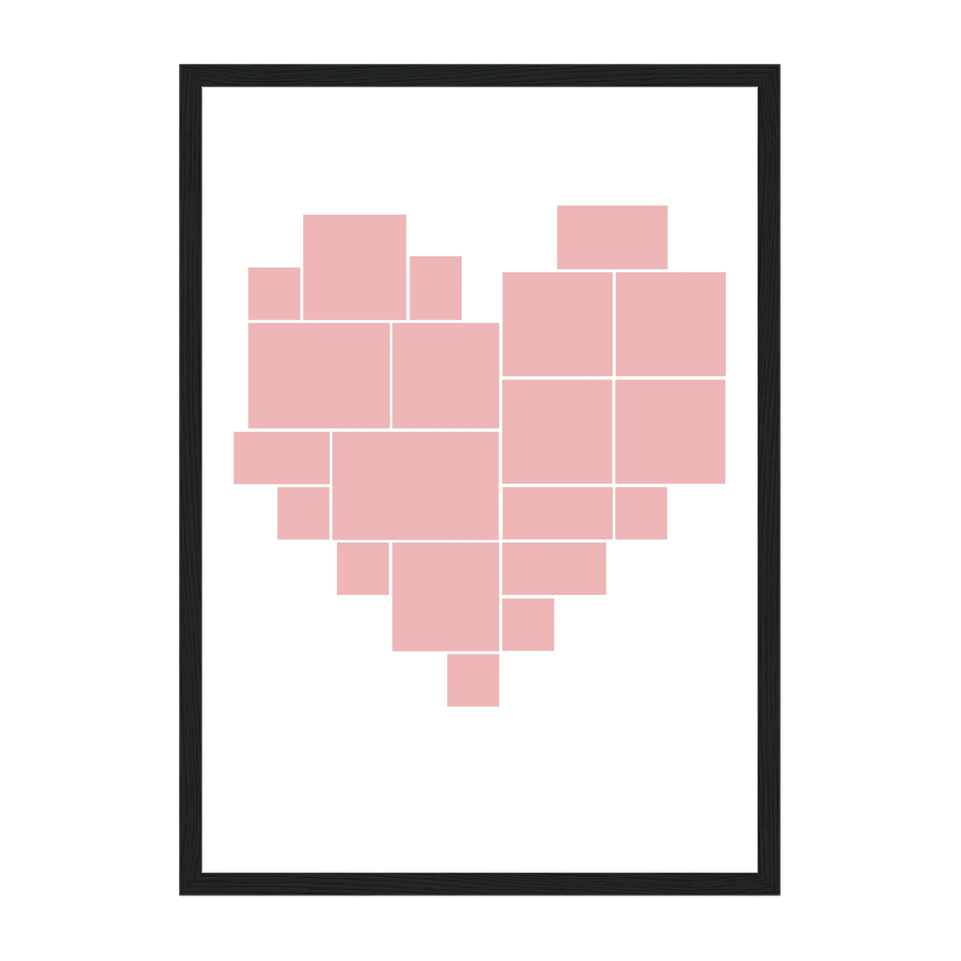 Heart-shaped photo collage framed print with 20 photo uploads. Black wooden frame.