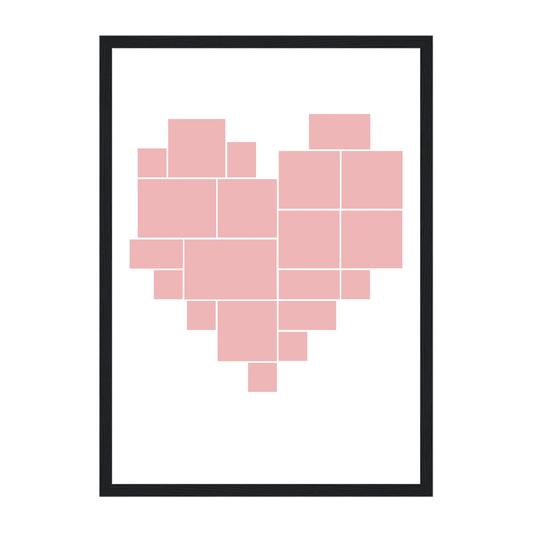 Heart-shaped photo collage framed print with 20 photo uploads. Black wooden frame.