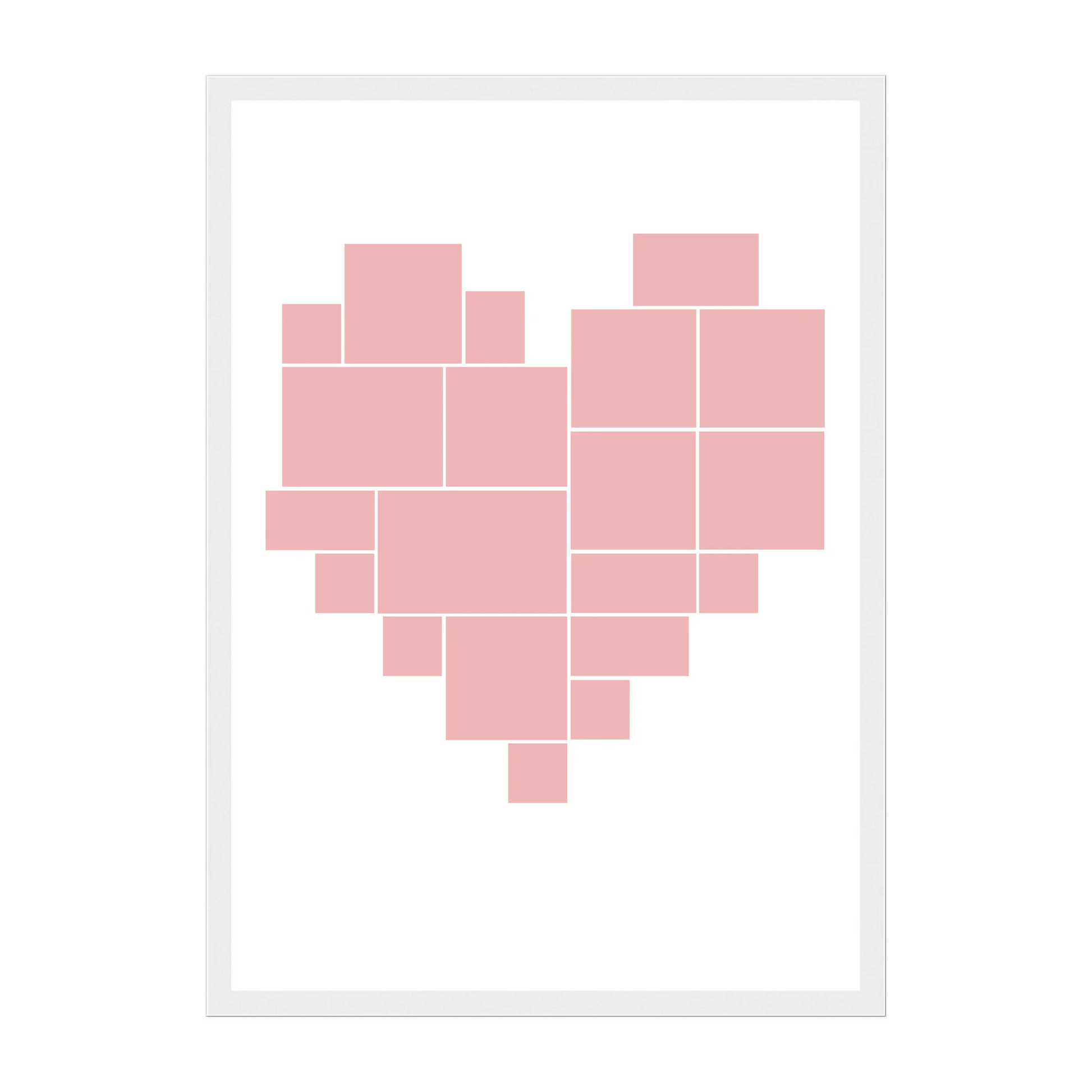 Heart-shaped photo collage framed print with 20 photo uploads. White wooden frame.
