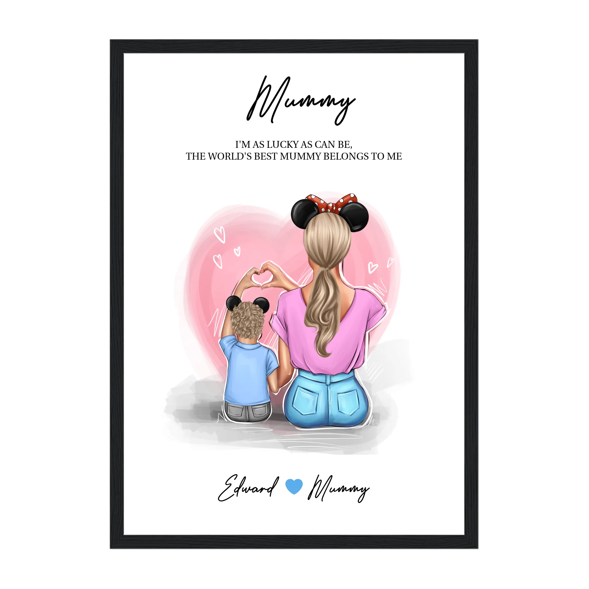 Framed print featuring customisable clipart of a mother and son, choice of mum-related titles, heartfelt quotes, and names. Black wooden frame.