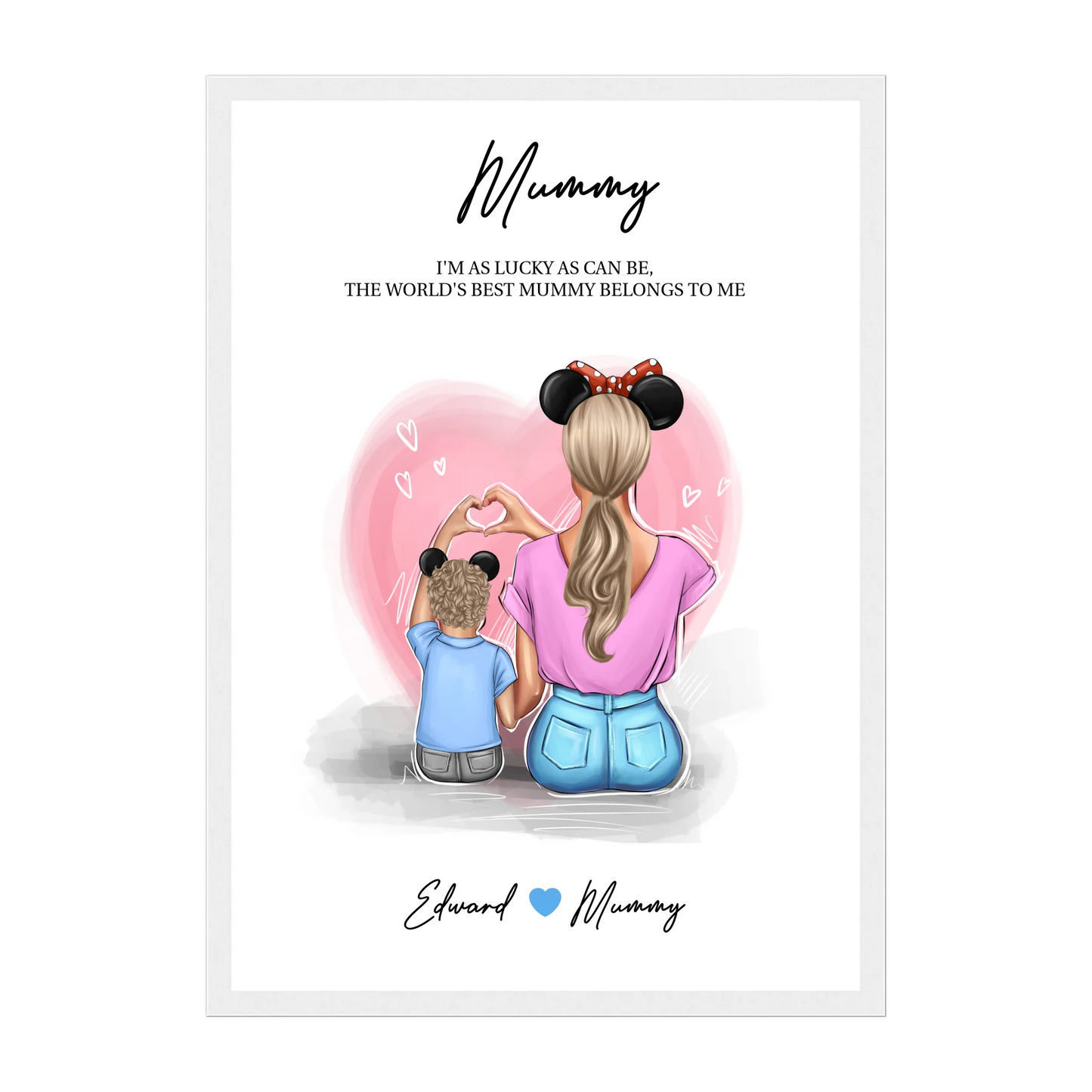 Framed print featuring customisable clipart of a mother and son, choice of mum-related titles, heartfelt quotes, and names. White wooden frame.