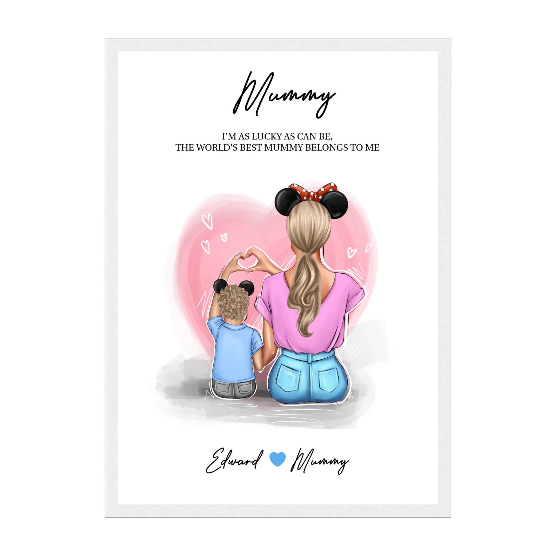 Framed print featuring customisable clipart of a mother and son, choice of mum-related titles, heartfelt quotes, and names. White wooden frame.