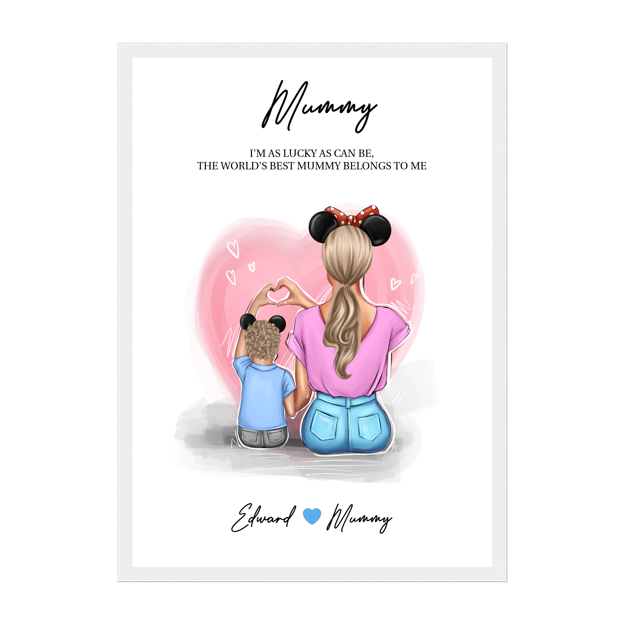 Framed print featuring customisable clipart of a mother and son, choice of mum-related titles, heartfelt quotes, and names. White wooden frame.