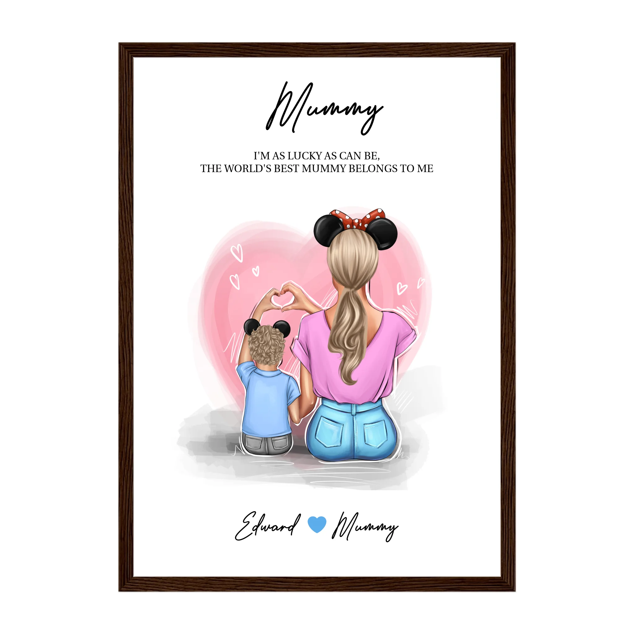 Framed print featuring customisable clipart of a mother and son, choice of mum-related titles, heartfelt quotes, and names. Dark brown wooden frame.