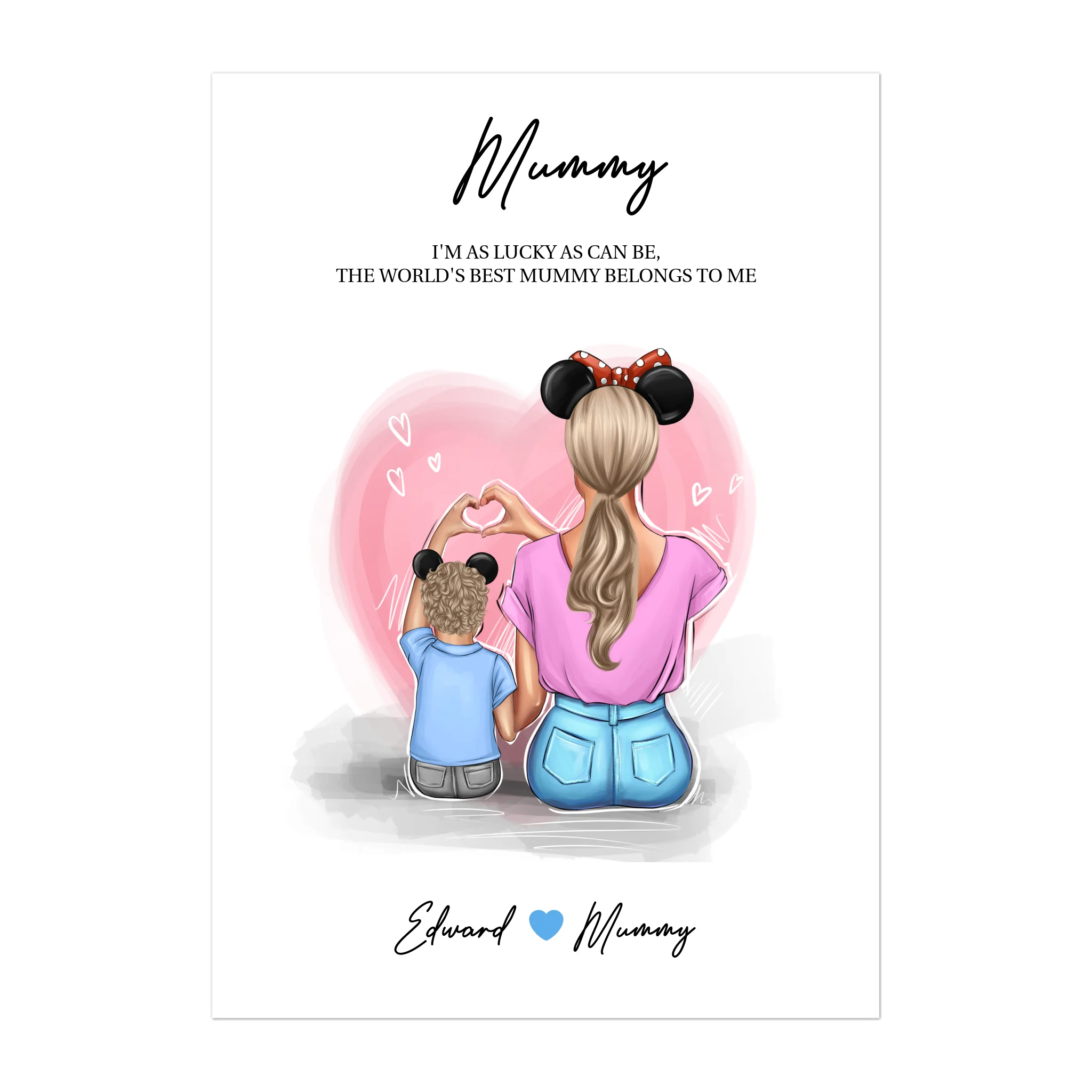 Digital print featuring customisable clipart of a mother and son, choice of mum-related titles, heartfelt quotes, and names. Instant download file. 