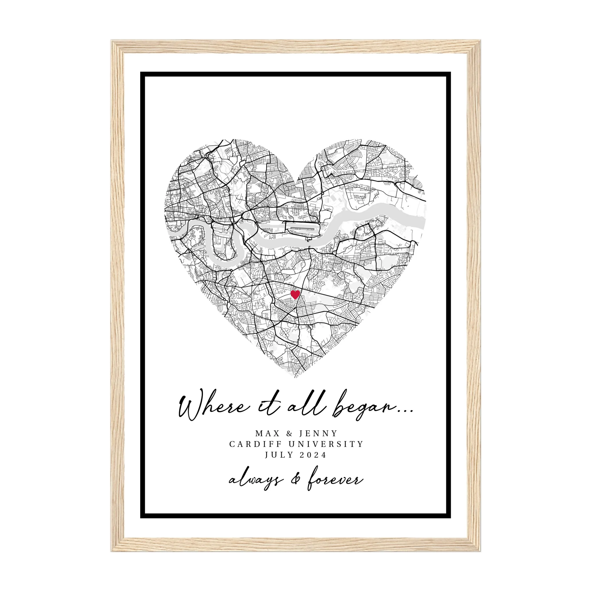 Personalised 'Where It All Began' framed print featuring a heart-shaped city map marking the couple's special meeting location. Customisable with names, location and the date. Presented in a natural wooden frame.