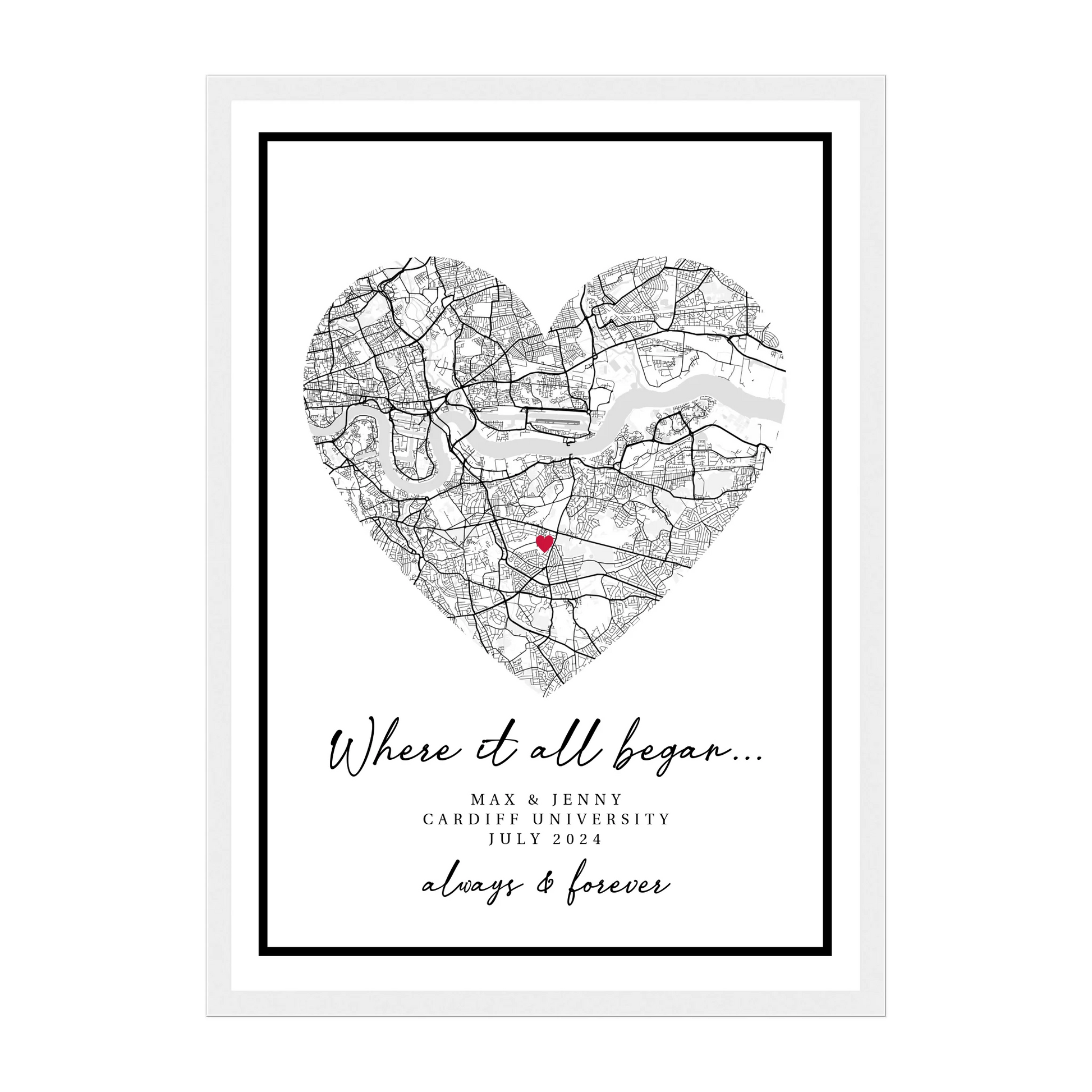 Personalised 'Where It All Began' framed print featuring a heart-shaped city map marking the couple's special meeting location. Customisable with names, location and the date. Presented in a white wooden frame.