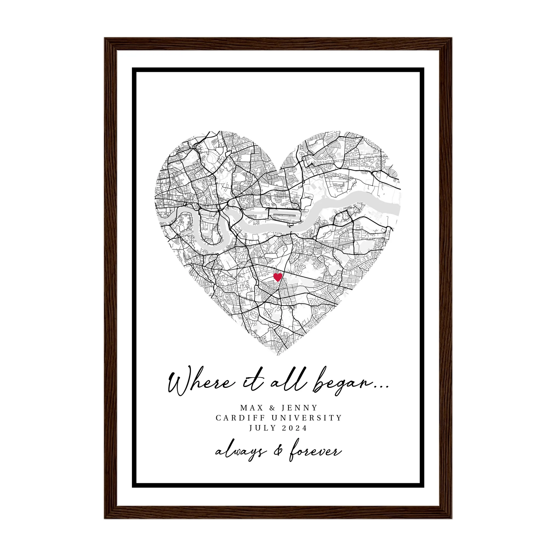 Personalised 'Where It All Began' framed print featuring a heart-shaped city map marking the couple's special meeting location. Customisable with names, location and the date. Presented in a dark brown wooden frame.