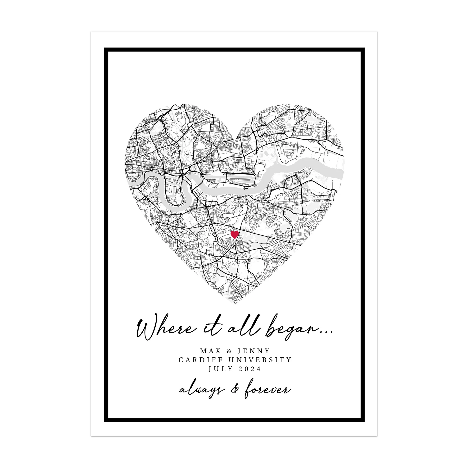 Personalised 'Where It All Began' poster featuring a heart-shaped city map showing the couple's special meeting location. Customised with their names, their special location and the date.