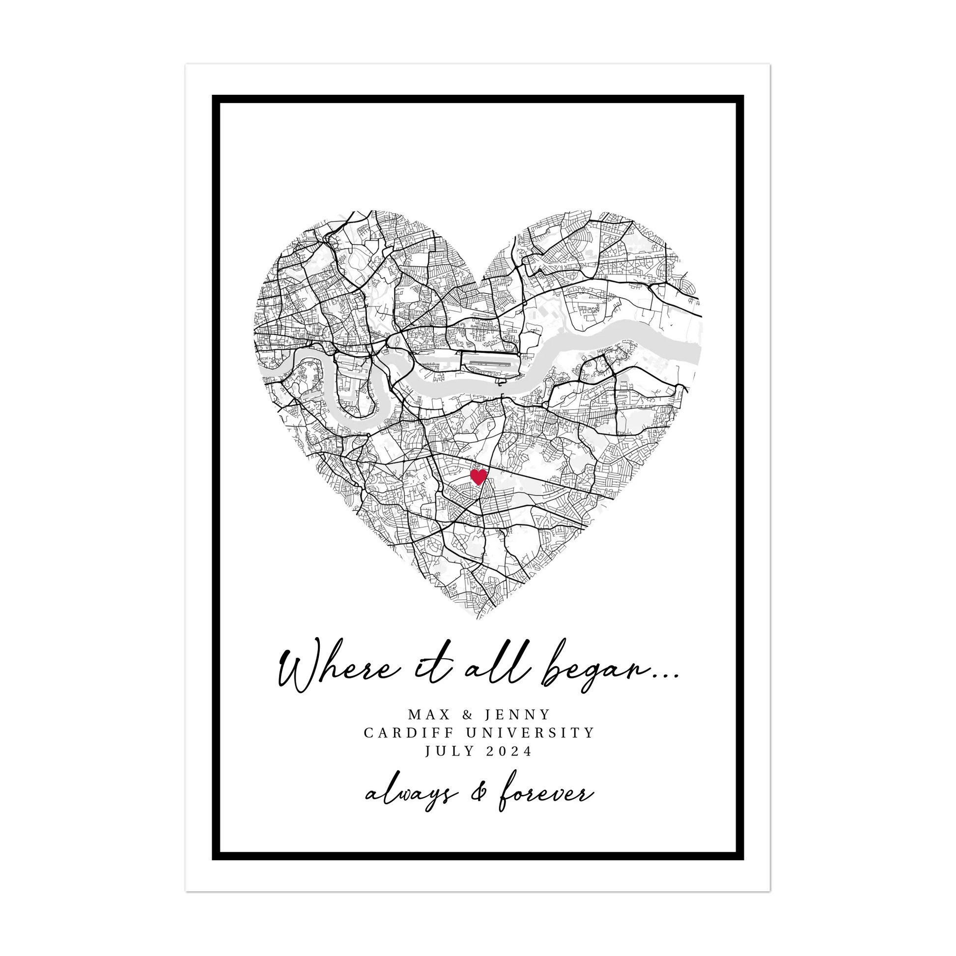 Personalised 'Where It All Began' digital print with a heart-shaped city map marking the couple's special meeting location. Customisable with names, location and the date. Instant download file.