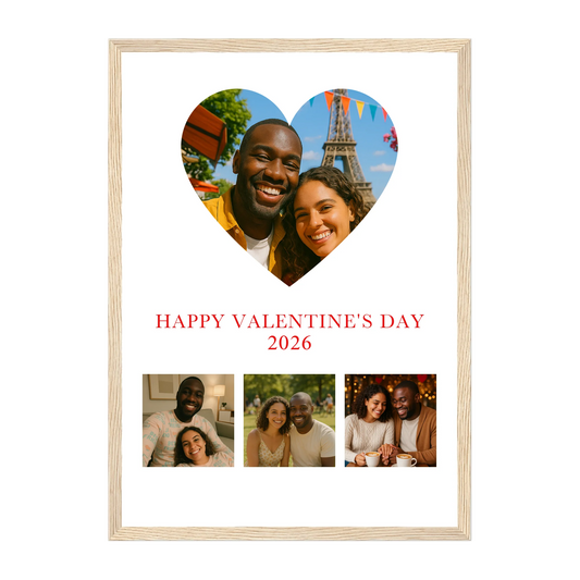 Framed Happy Valentine’s Day poster with a heart-shaped main photo, three smaller photos below, and a custom year (e.g., 2024). Natural wooden frame.