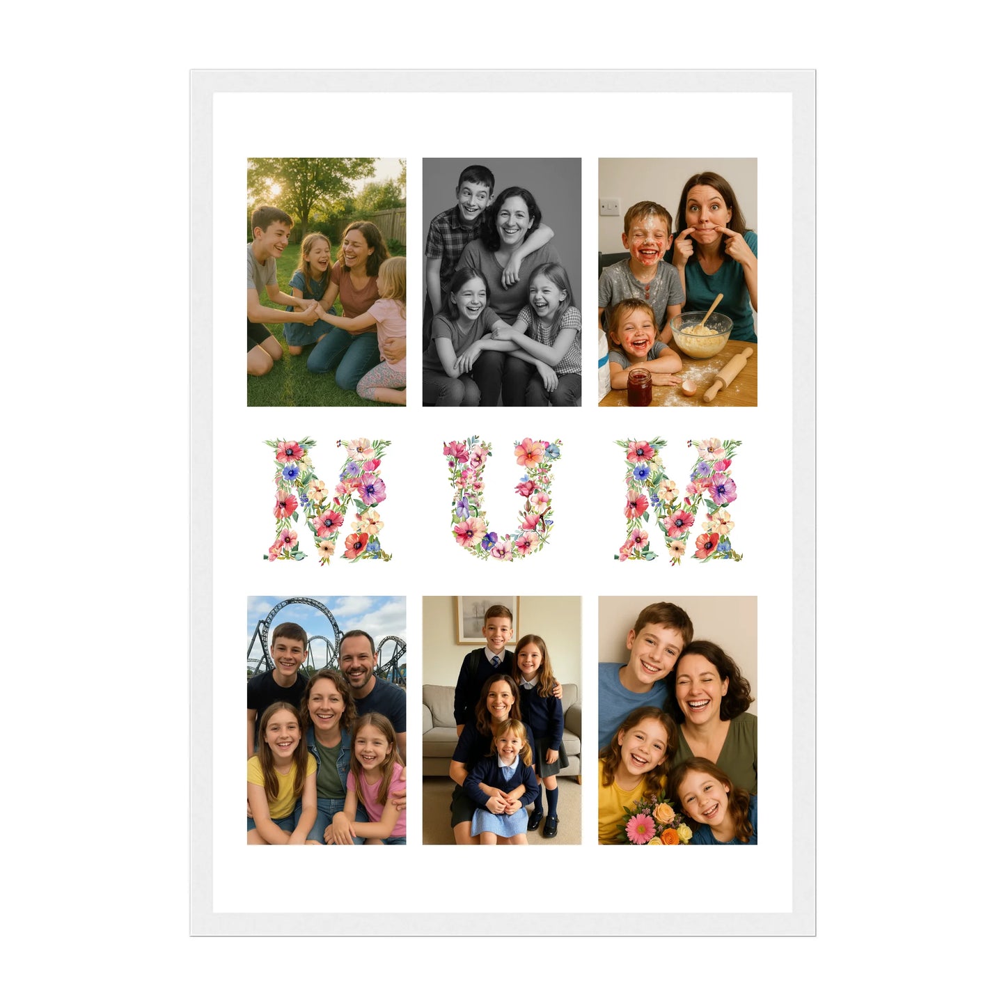 Personalised 6-photo collage framed print with 'Mum' or 'Mam' in vibrant floral text. White wooden frame.