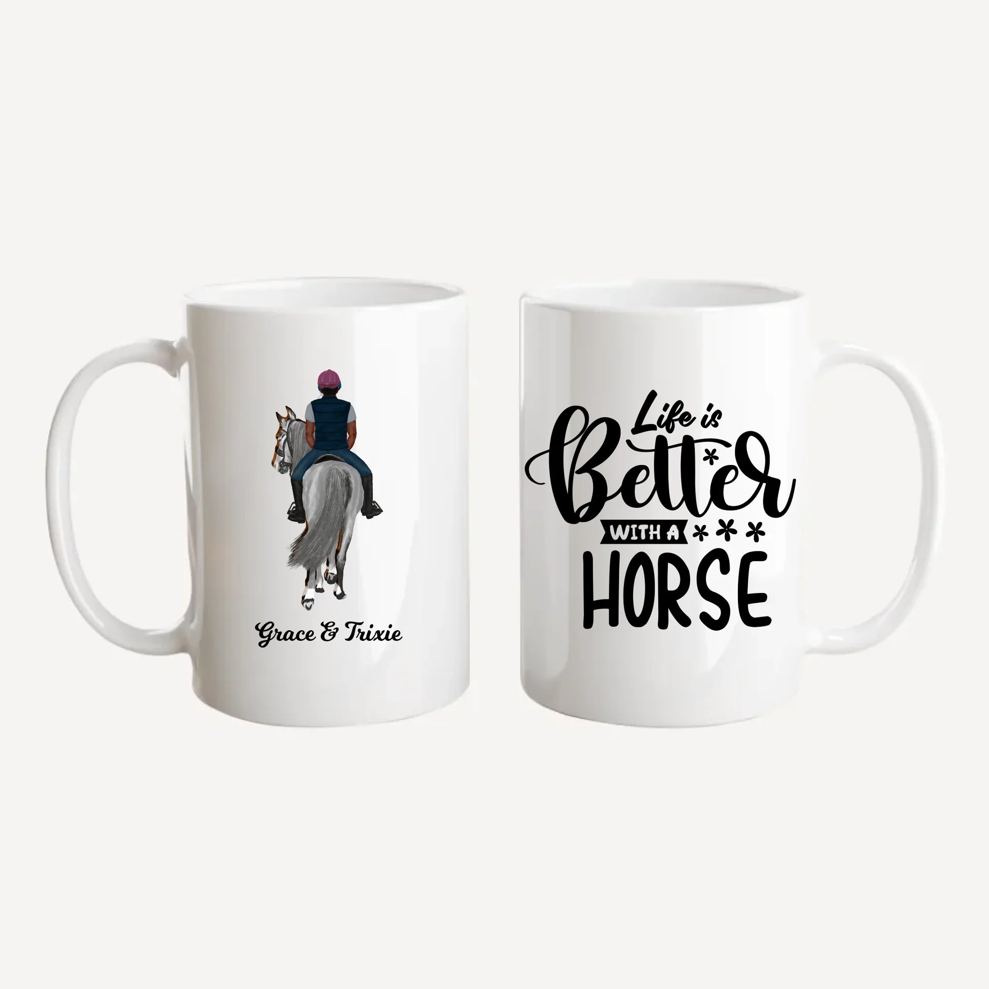 Personalised white jumbo mug featuring the quote 'Life is Better with a Horse' and fully customisable horse and rider clipart with names. Design can include one or two riders. White handle and interior.