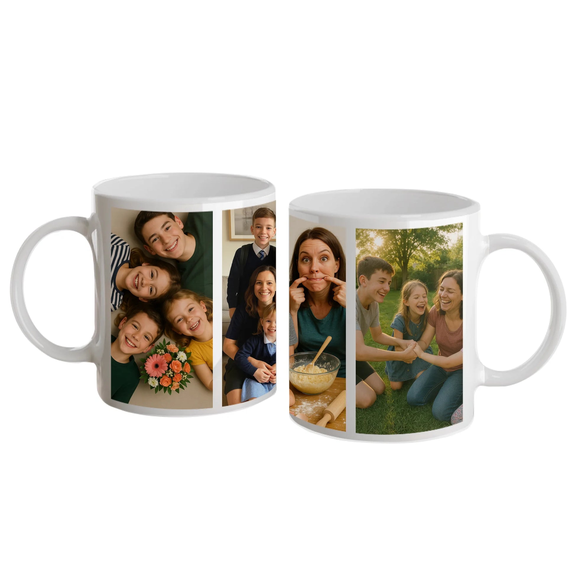 Personalised white mug featuring four custom photo uploads arranged in a vertical column. White handle and interior.