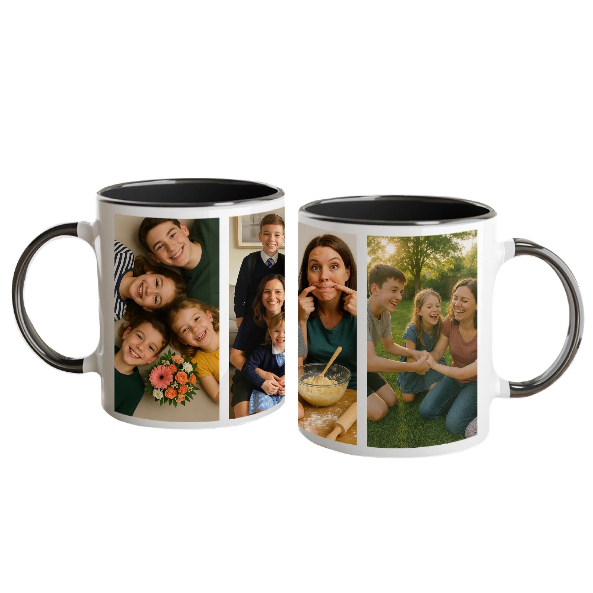 Personalised white mug featuring four custom photo uploads arranged in a vertical column. Black handle and interior.