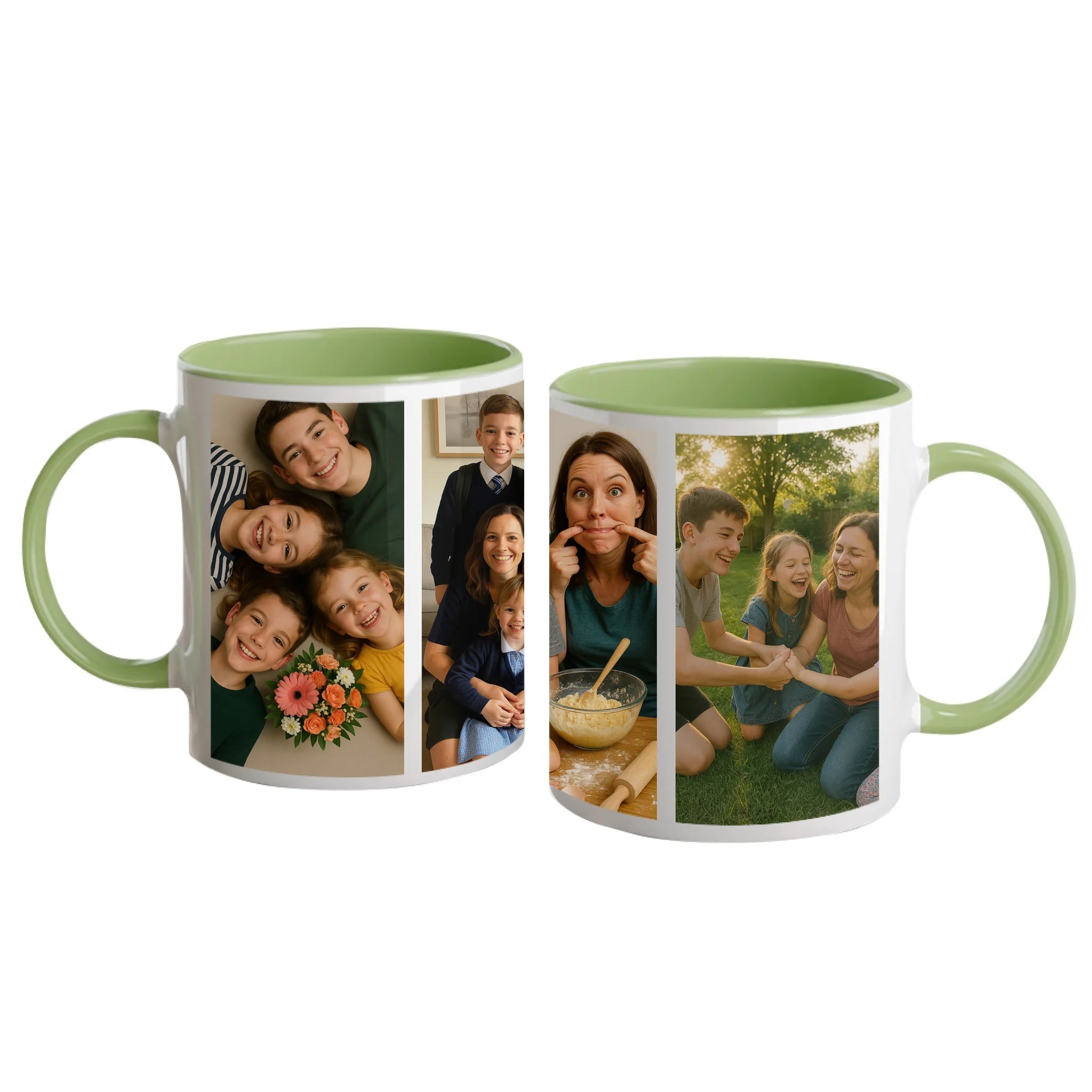 Personalised white mug featuring four custom photo uploads arranged in a vertical column. Green handle and interior.