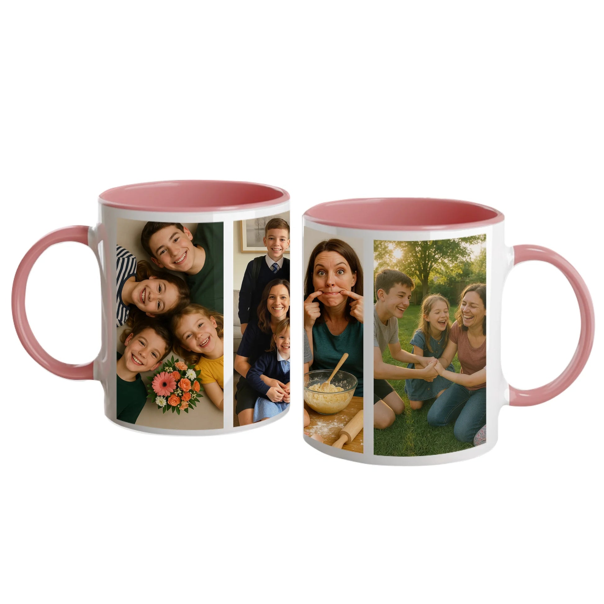 Personalised white mug featuring four custom photo uploads arranged in a vertical column. Pink handle and interior.