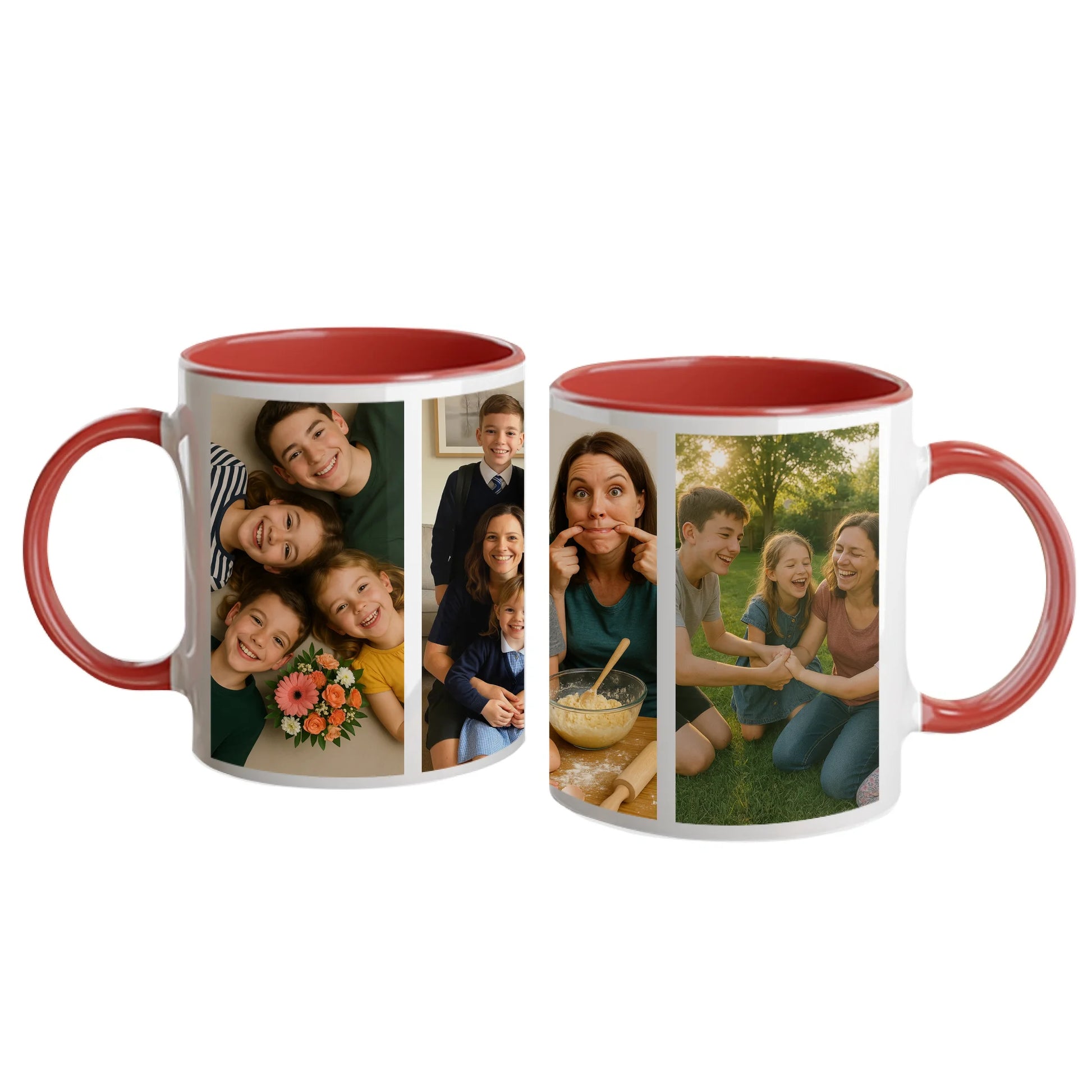 Personalised white mug featuring four custom photo uploads arranged in a vertical column. Red handle and interior.