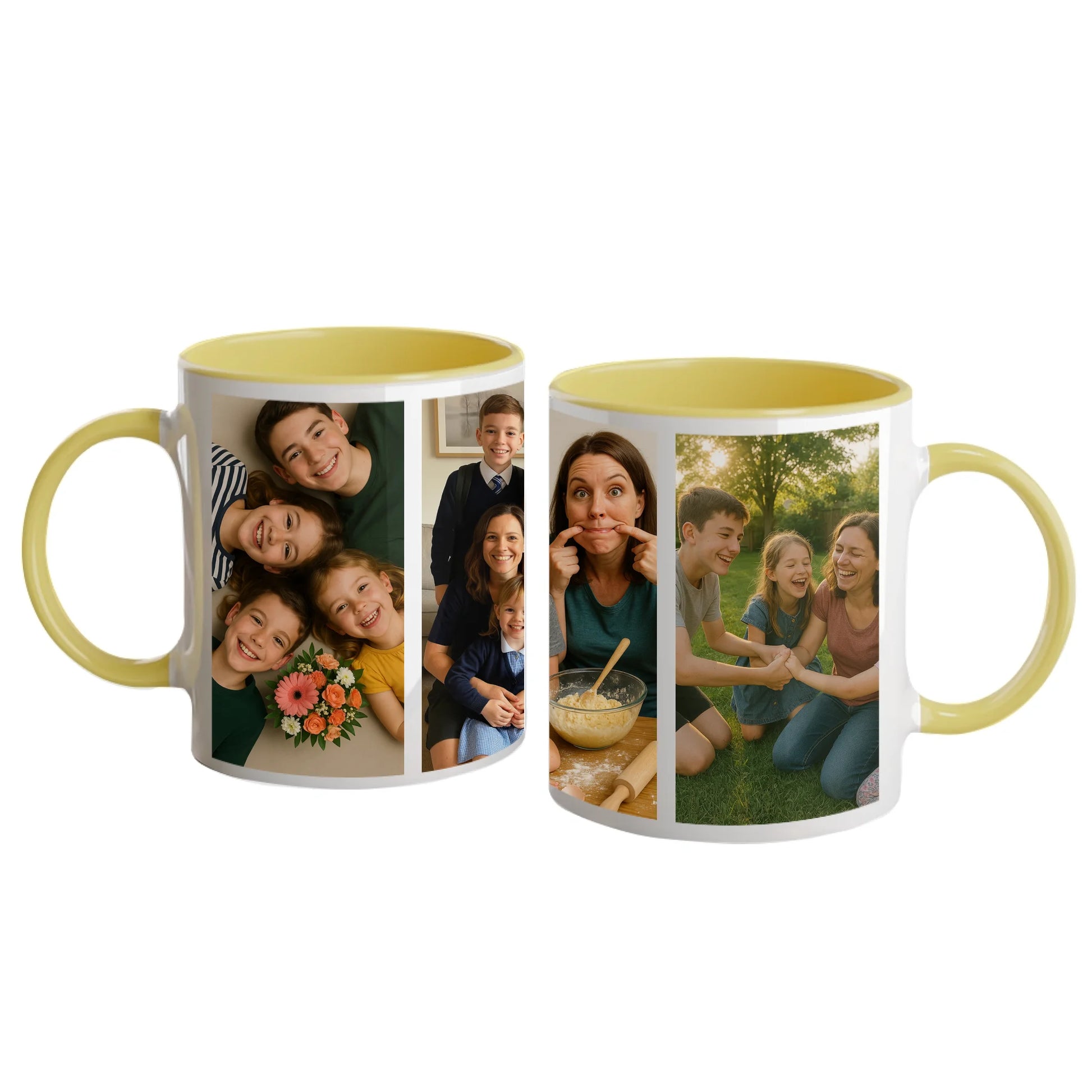 Personalised white mug featuring four custom photo uploads arranged in a vertical column. Yellow handle and interior.