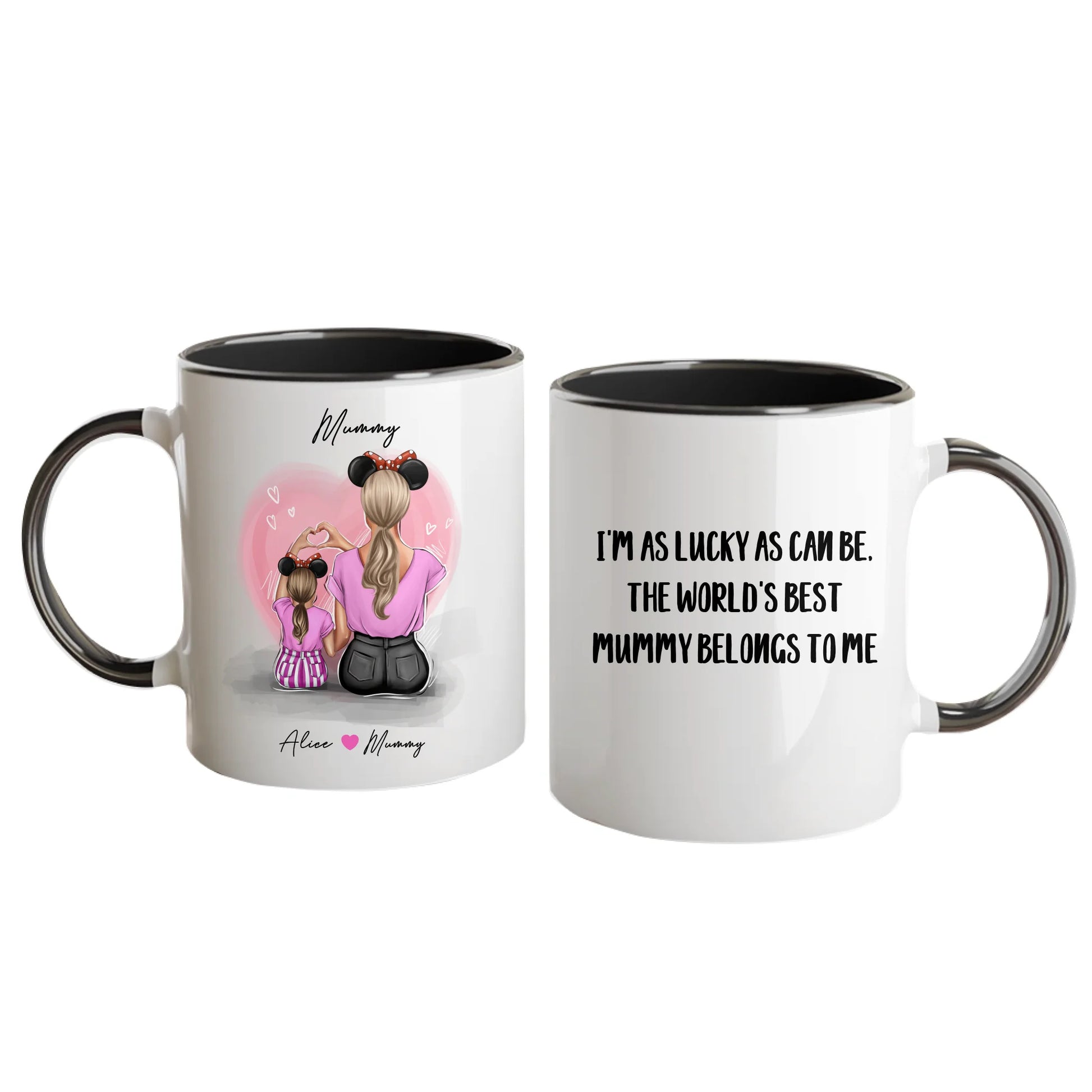 Personalised white mug featuring customisable clipart of a mother and daughter, choice of mum-related title, heartfelt quotes, and names. Black handle and interior.