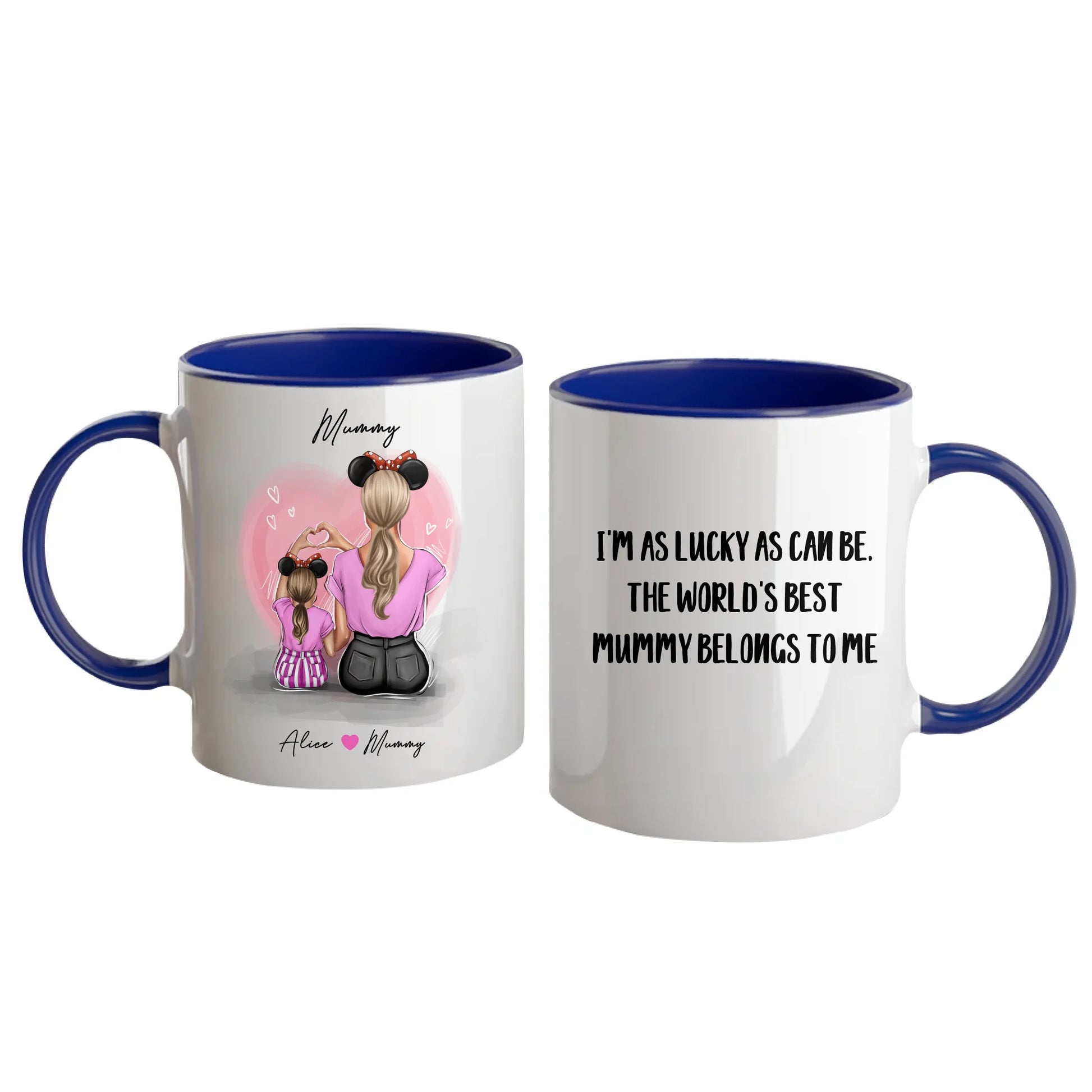 Personalised white mug featuring customisable clipart of a mother and daughter, choice of mum-related title, heartfelt quotes, and names. Blue handle and interior.