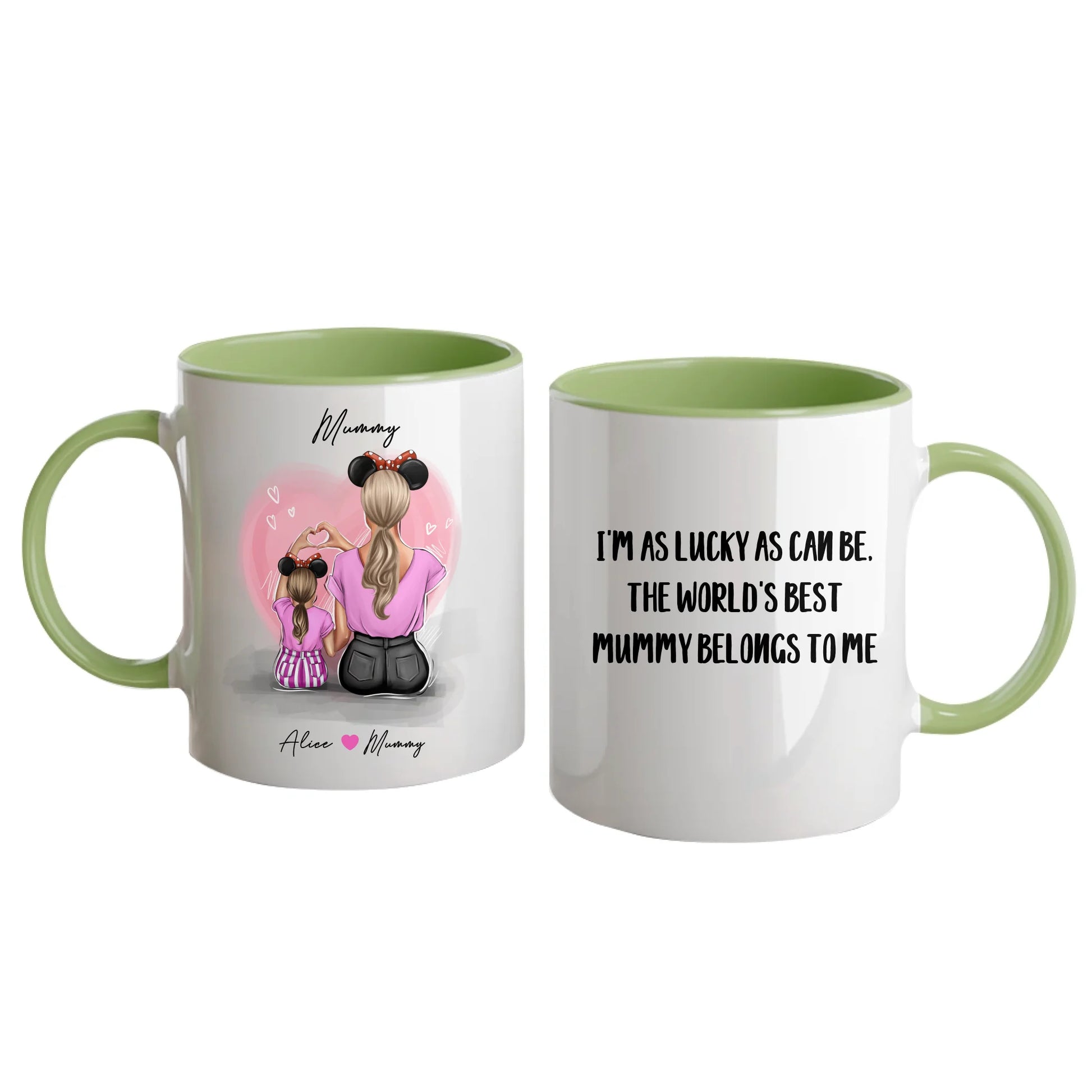 Personalised white mug featuring customisable clipart of a mother and daughter, choice of mum-related title, heartfelt quotes, and names. Green handle and interior.