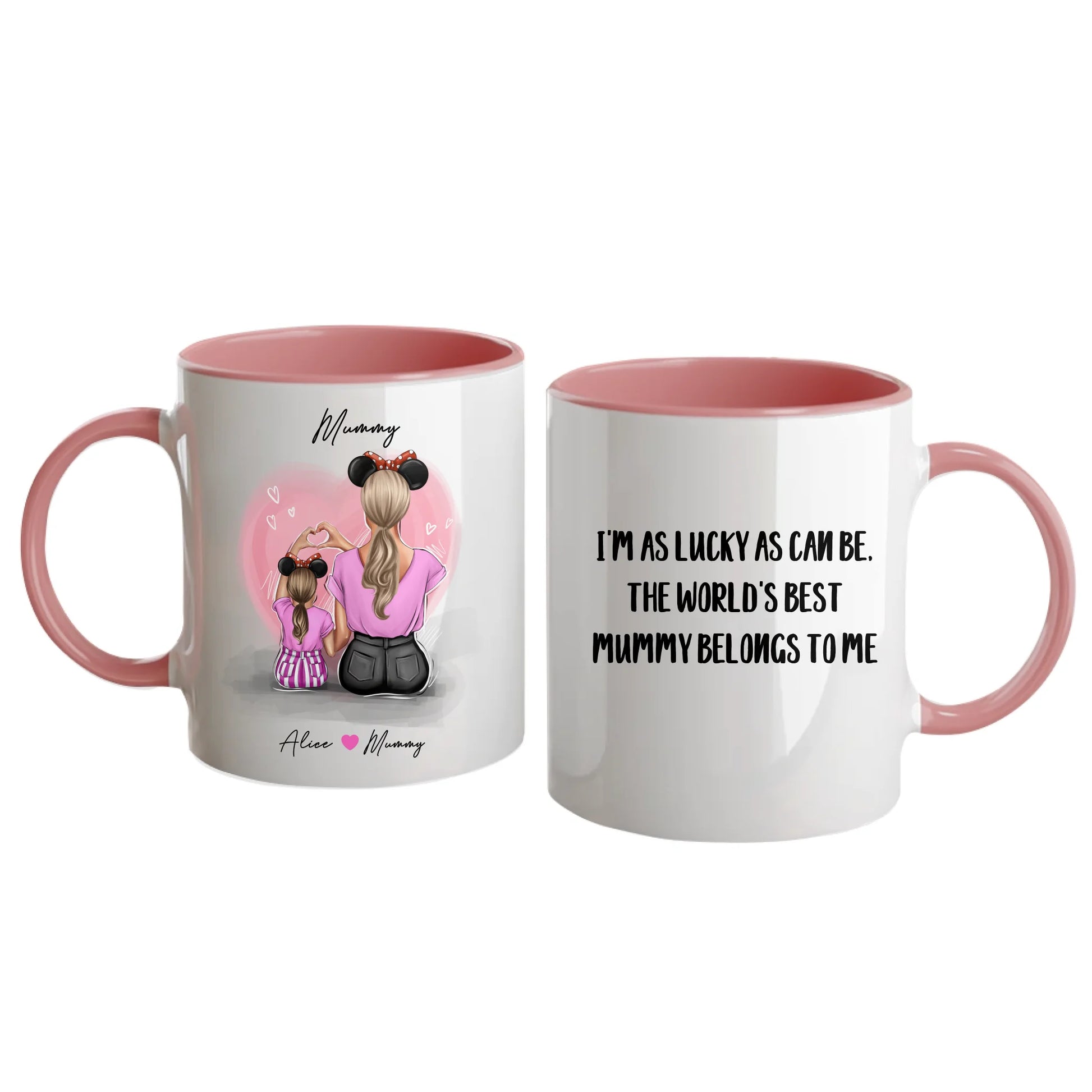 Personalised white mug featuring customisable clipart of a mother and daughter, choice of mum-related title, heartfelt quotes, and names. Pink handle and interior.