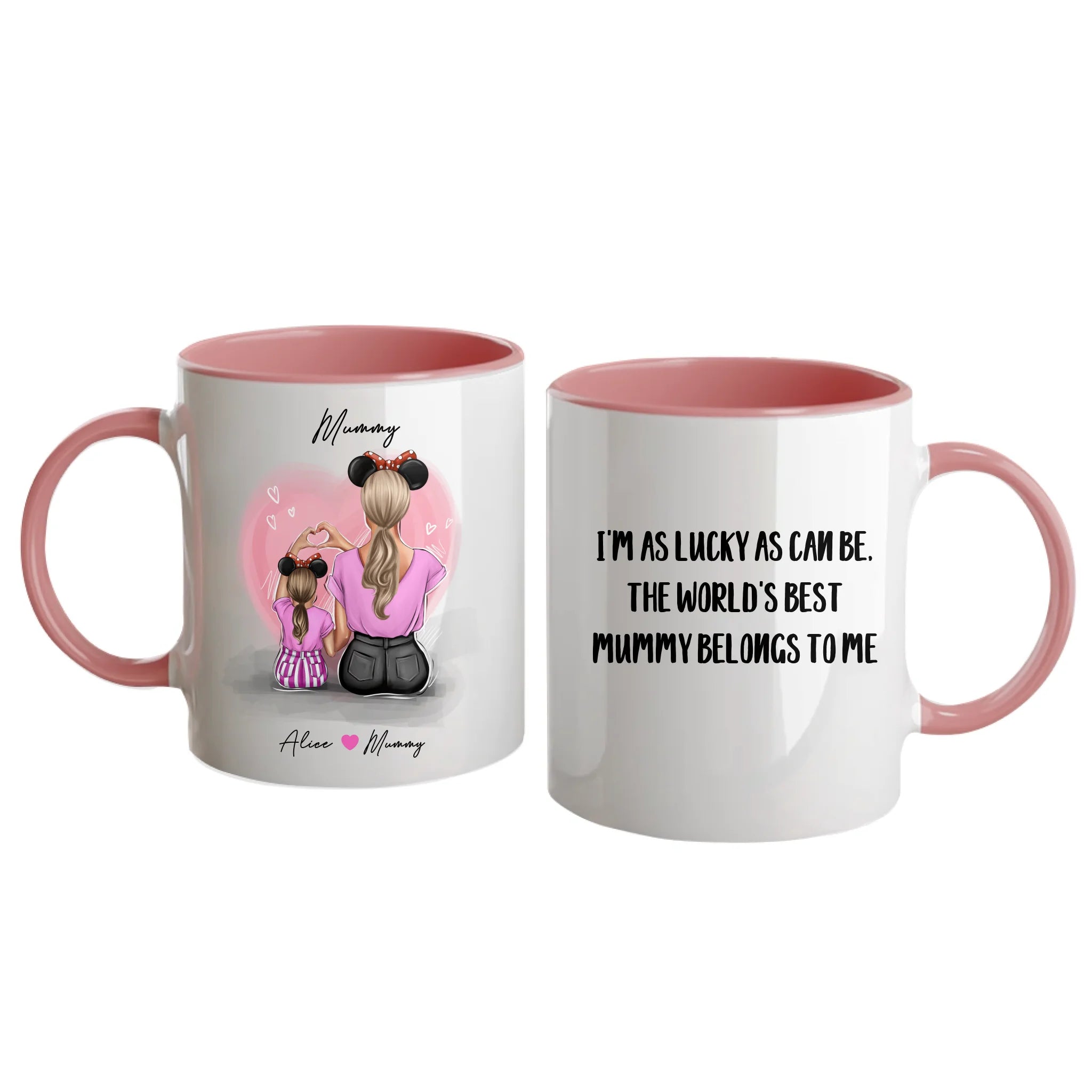 Personalised white mug featuring customisable clipart of a mother and daughter, choice of mum-related title, heartfelt quotes, and names. Pink handle and interior.