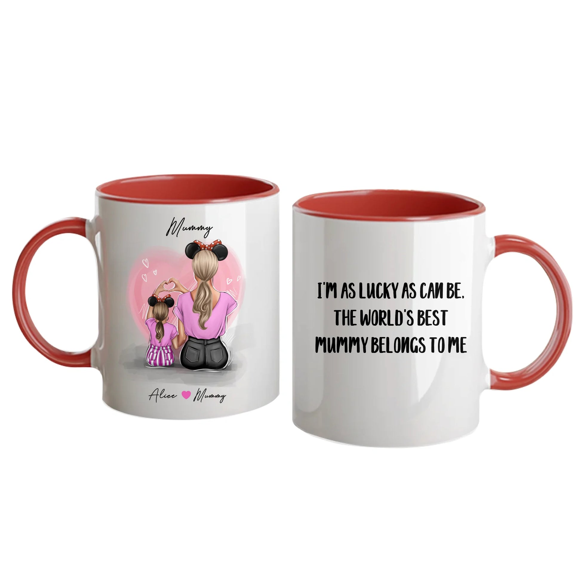 Personalised white mug featuring customisable clipart of a mother and daughter, choice of mum-related title, heartfelt quotes, and names. Red handle and interior.