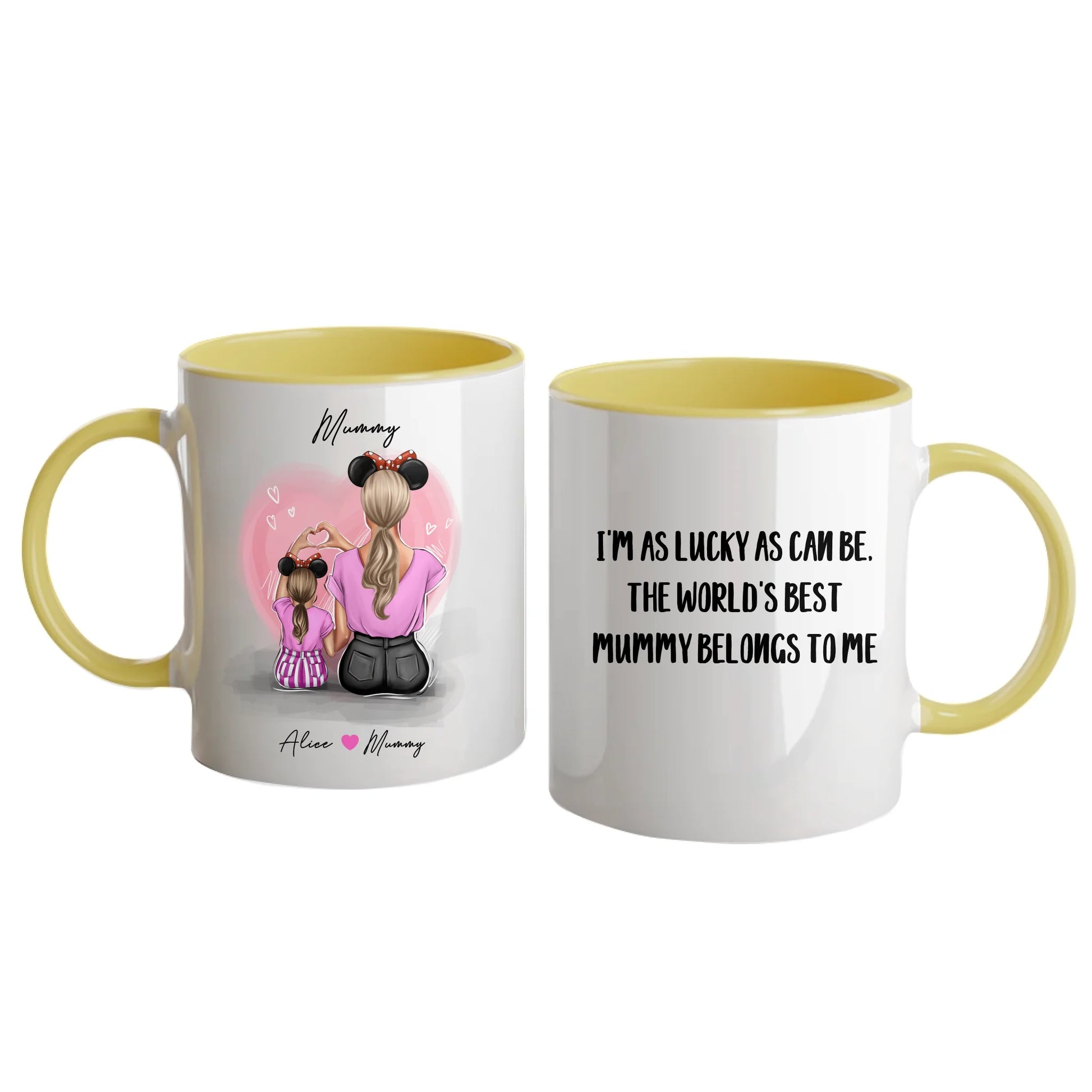 Personalised white mug featuring customisable clipart of a mother and daughter, choice of mum-related title, heartfelt quotes, and names. Yellow handle and interior.