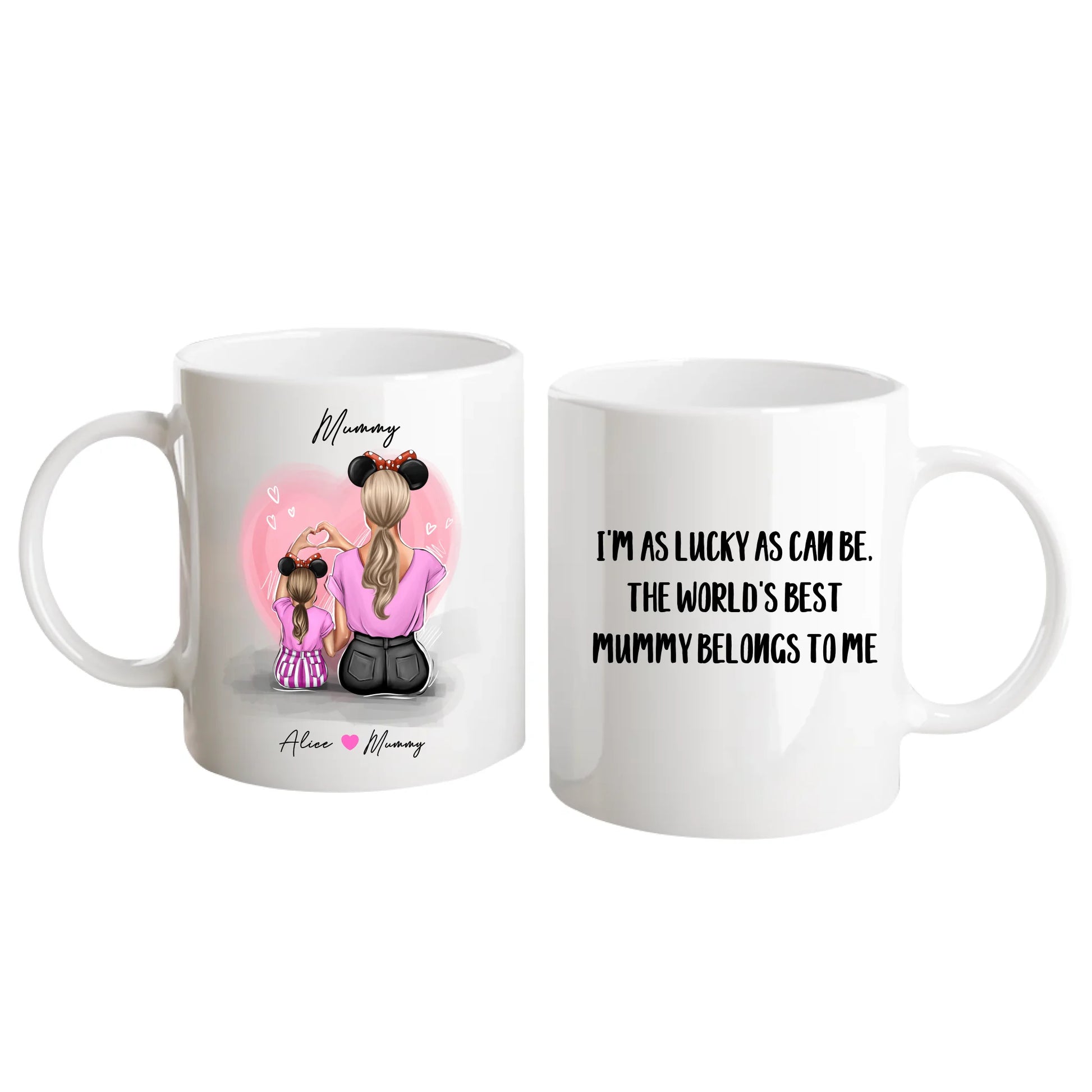 Personalised white mug featuring customisable clipart of a mother and daughter, choice of mum-related title, heartfelt quotes, and names. White handle and interior.