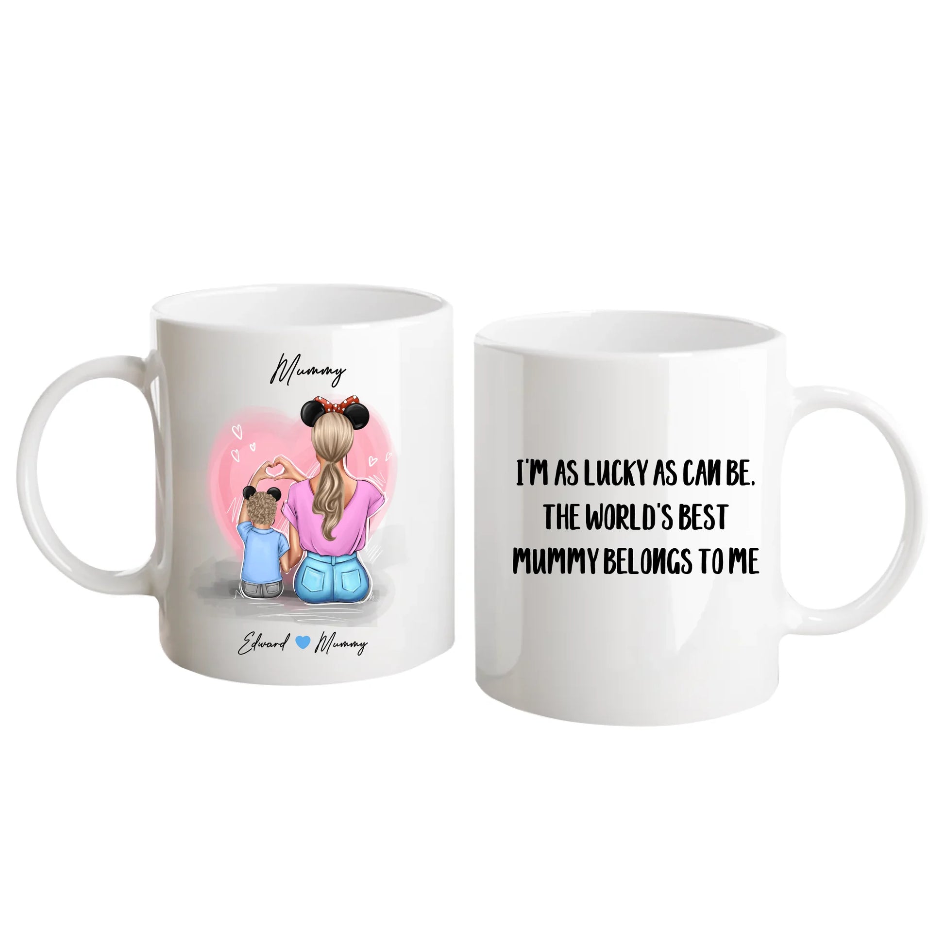 Personalised white mug featuring customisable clipart of a mother and son, choice of mum-related title, heartfelt quotes, and names. White handle and interior.