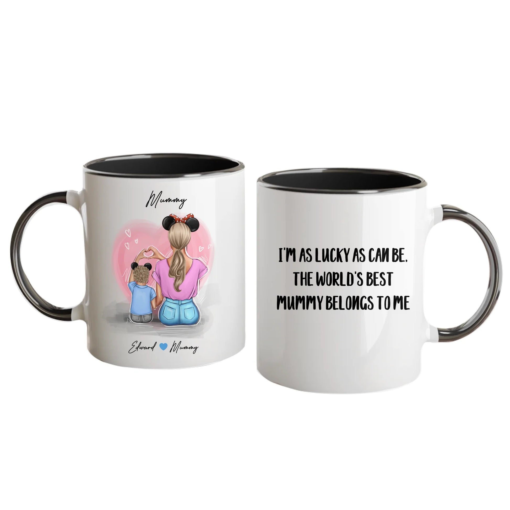 Personalised white mug featuring customisable clipart of a mother and son, choice of mum-related title, heartfelt quotes, and names. Black handle and interior.
