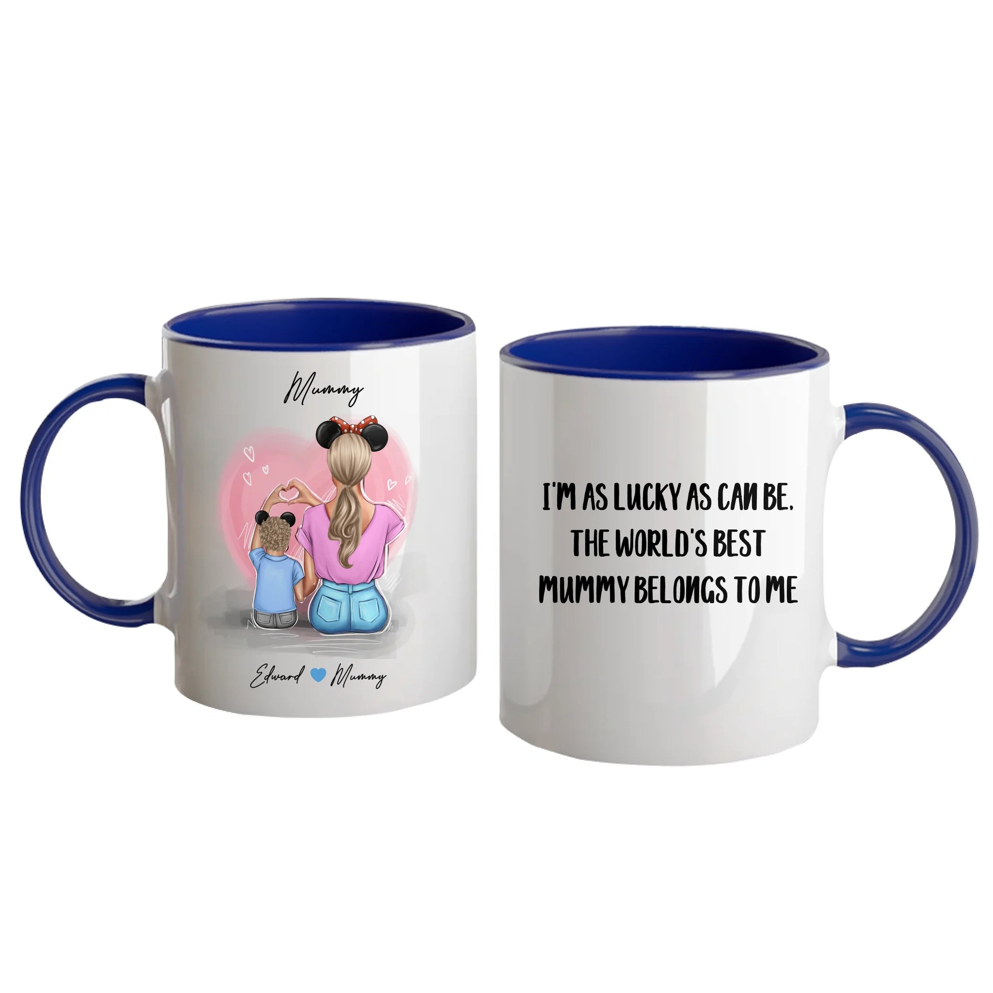 Personalised white mug featuring customisable clipart of a mother and son, choice of mum-related title, heartfelt quotes, and names. Blue handle and interior.