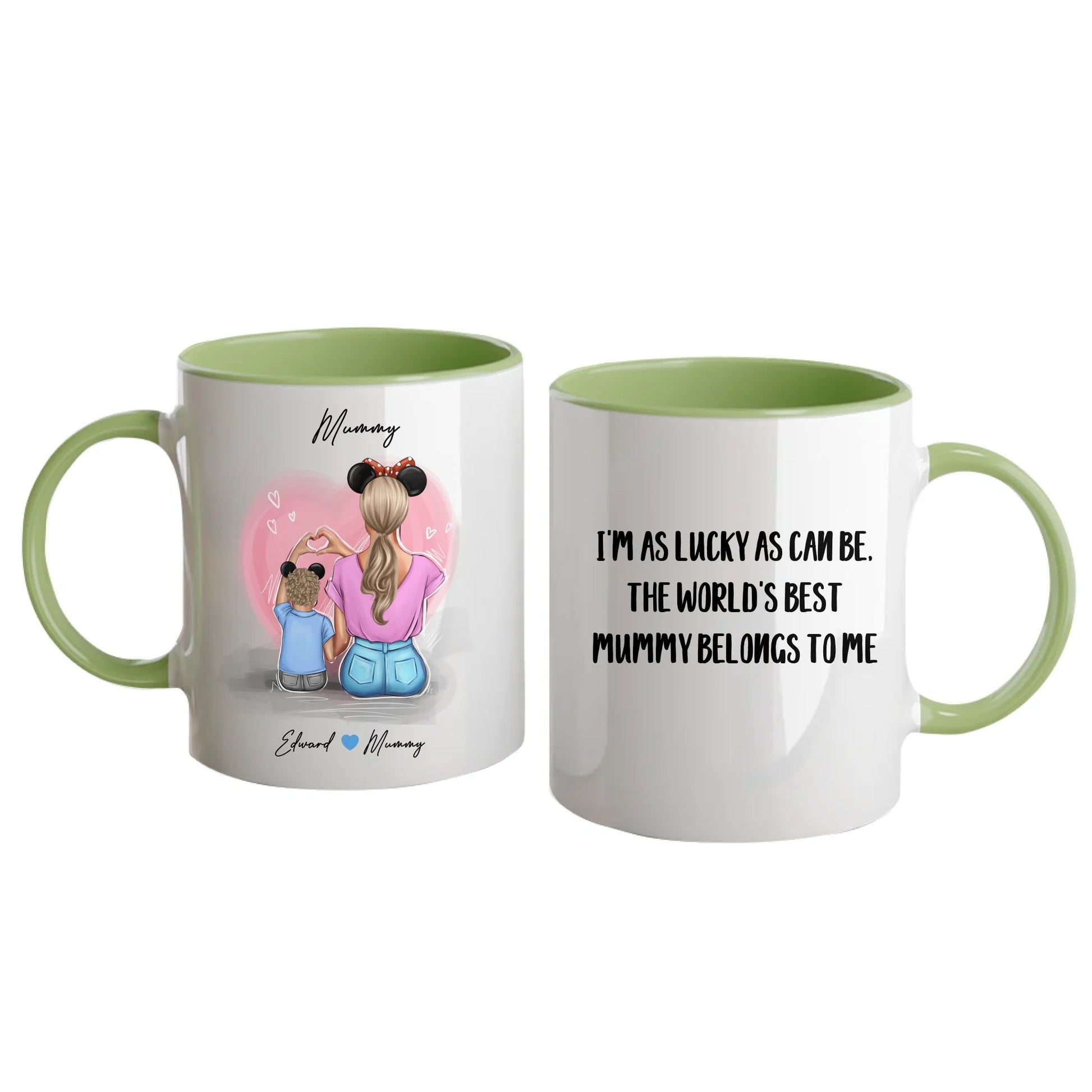 Personalised white mug featuring customisable clipart of a mother and son, choice of mum-related title, heartfelt quotes, and names. Green handle and interior.